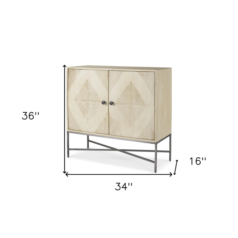 36" Cream and Gray Solid Wood and Iron Carved Geometric Accent Cabinet With Two Doors Homeroots Kitchen & Dining