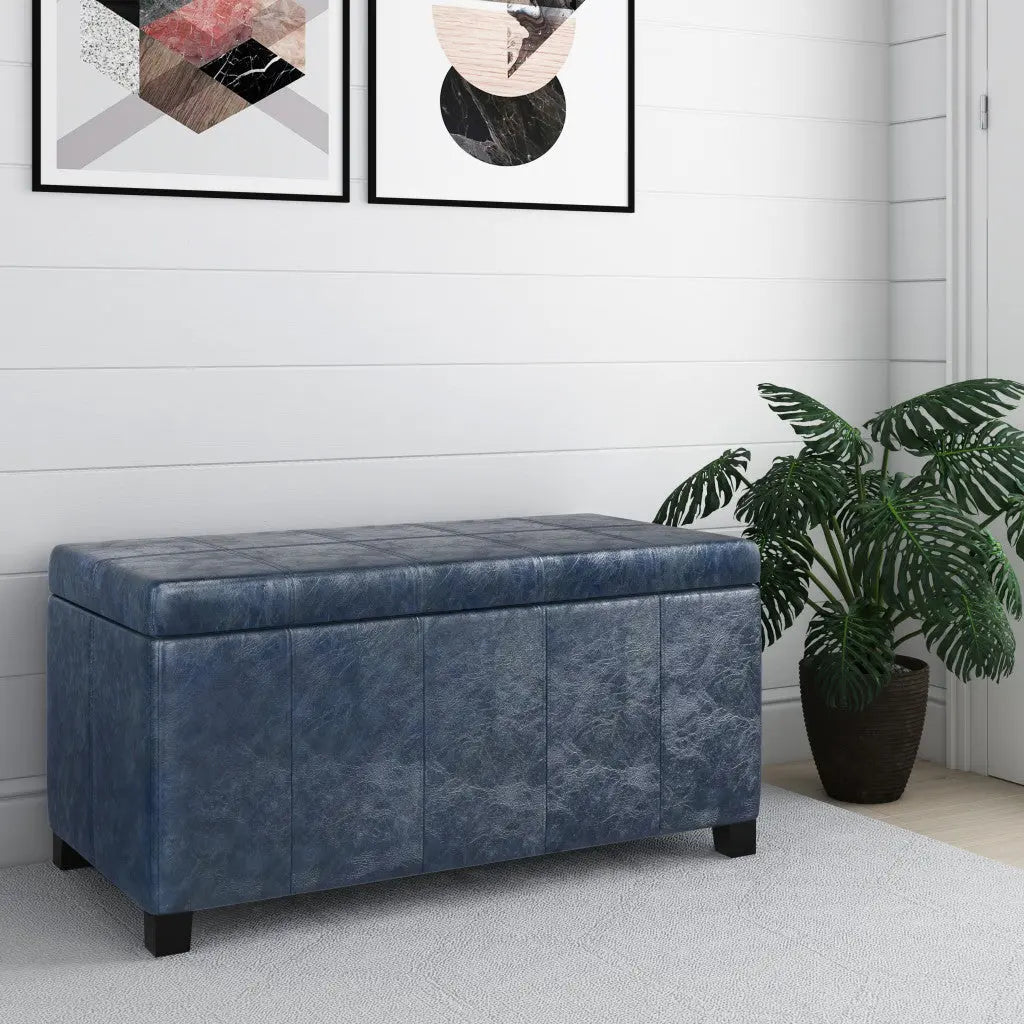 36" Denim Blue and Dark Brown Faux Leather and Solid Wood Upholstered Storage Bench With Flip Top Homeroots Living Room