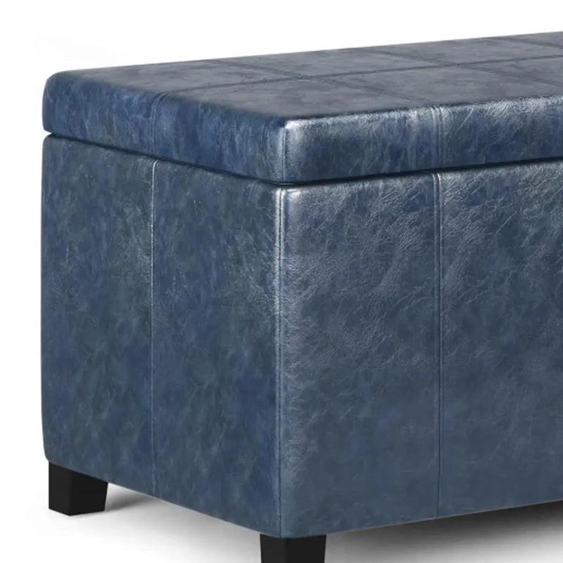 36" Denim Blue and Dark Brown Faux Leather and Solid Wood Upholstered Storage Bench With Flip Top Homeroots Living Room