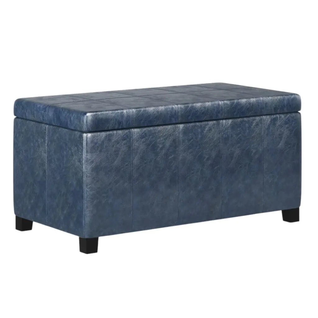 36" Denim Blue and Dark Brown Faux Leather and Solid Wood Upholstered Storage Bench With Flip Top Homeroots Living Room