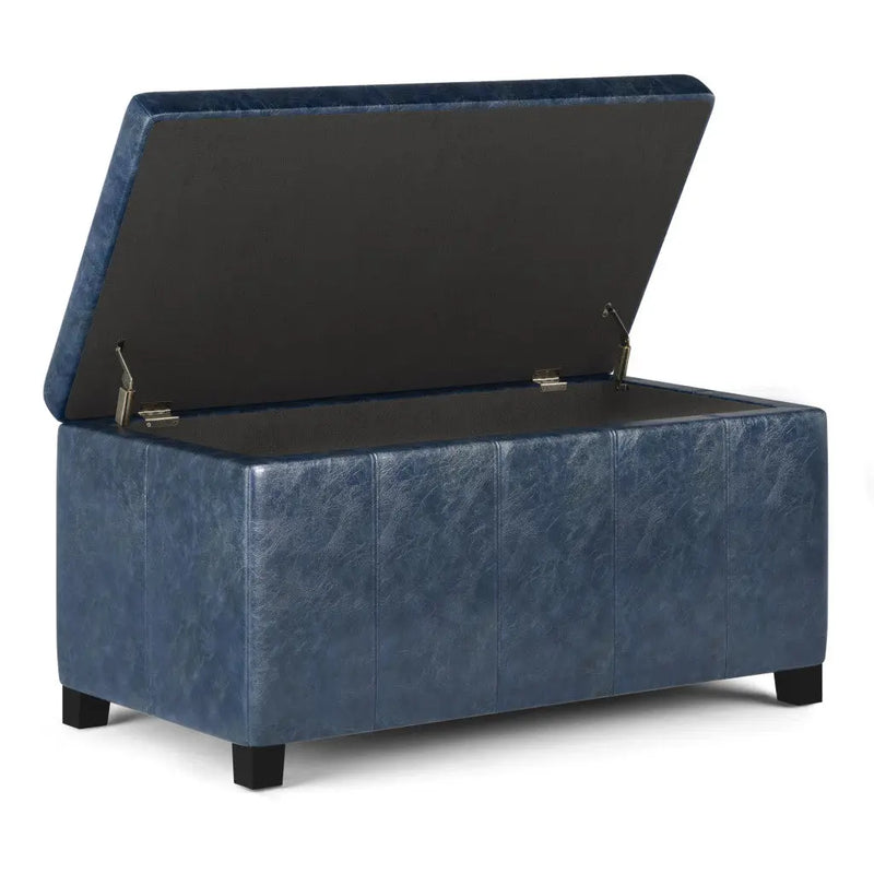 36" Denim Blue and Dark Brown Faux Leather and Solid Wood Upholstered Storage Bench With Flip Top Homeroots Living Room