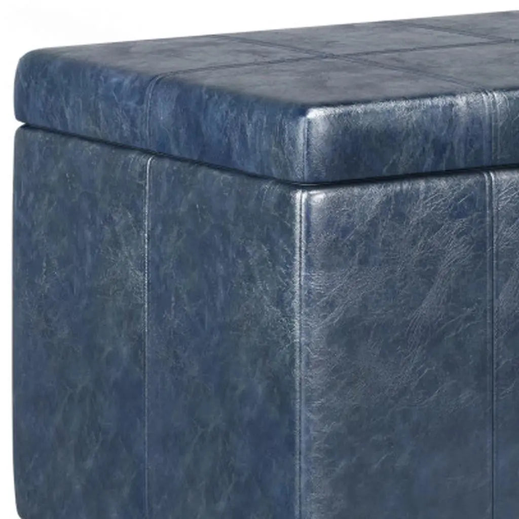 36" Denim Blue and Dark Brown Faux Leather and Solid Wood Upholstered Storage Bench With Flip Top Homeroots Living Room