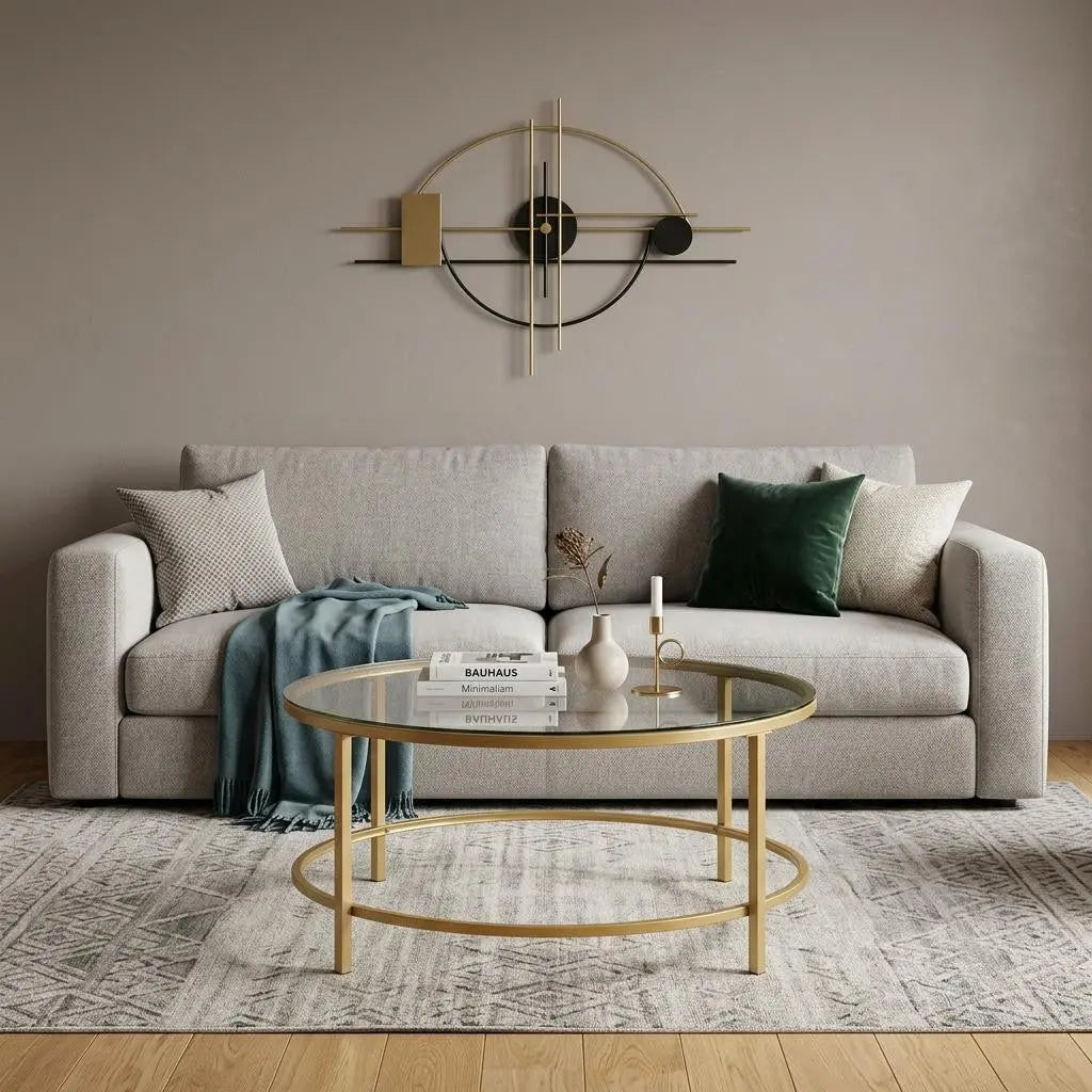 36" Gold And Clear Glass Round Coffee Table Homeroots Living Room
