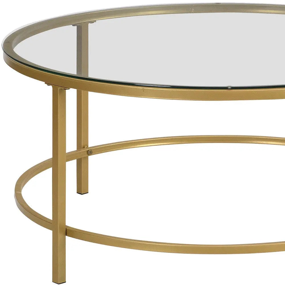36" Gold And Clear Glass Round Coffee Table Homeroots Living Room