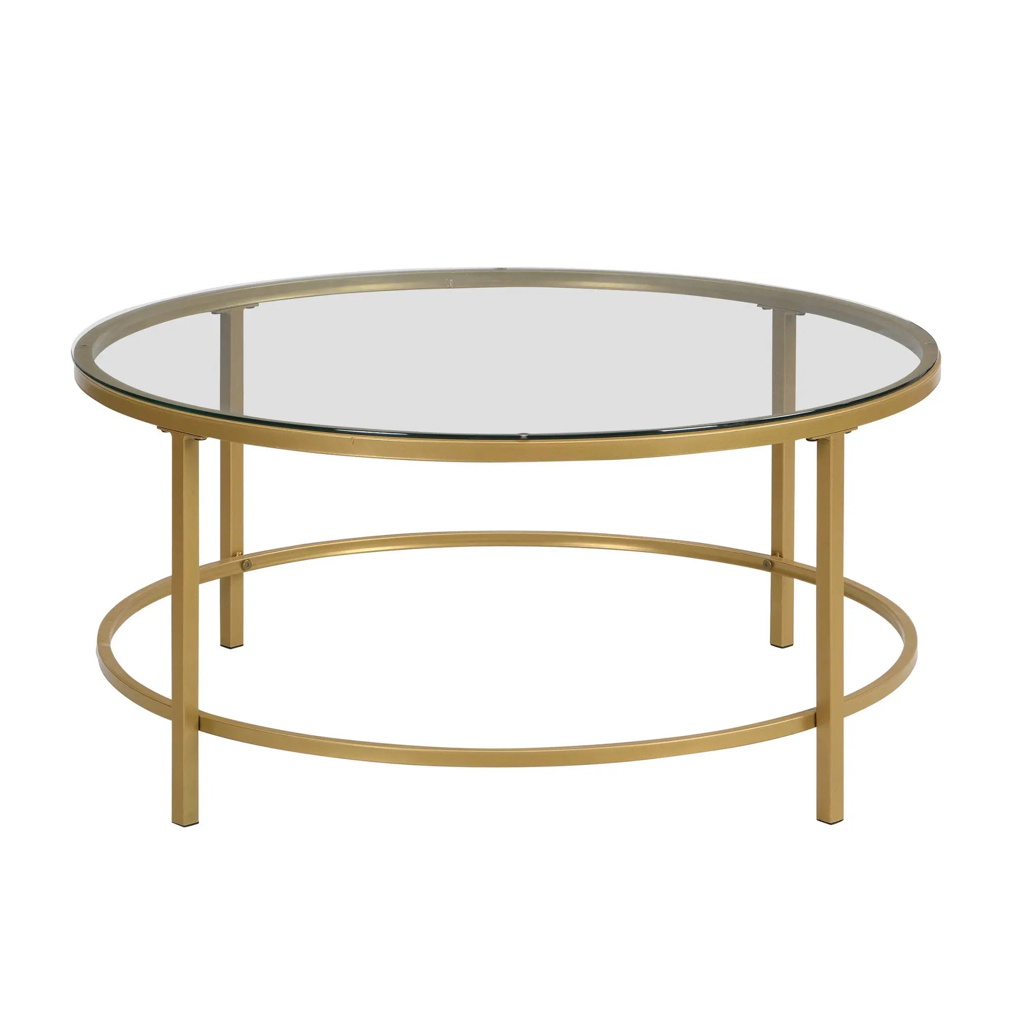 36" Gold And Clear Glass Round Coffee Table Homeroots Living Room