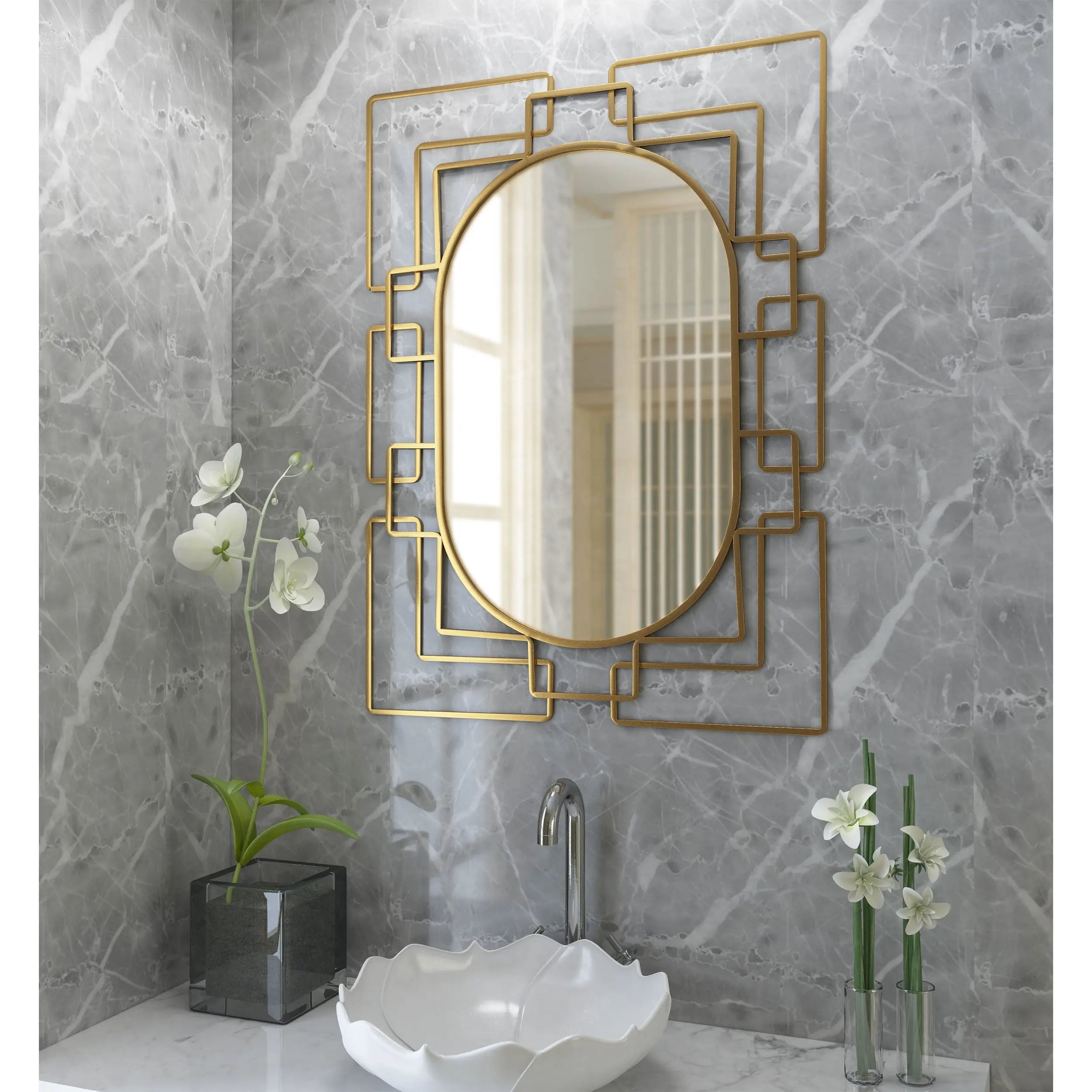 36" Gold Metal Geometric Oval Accent Mirror Homeroots Bed & Bath