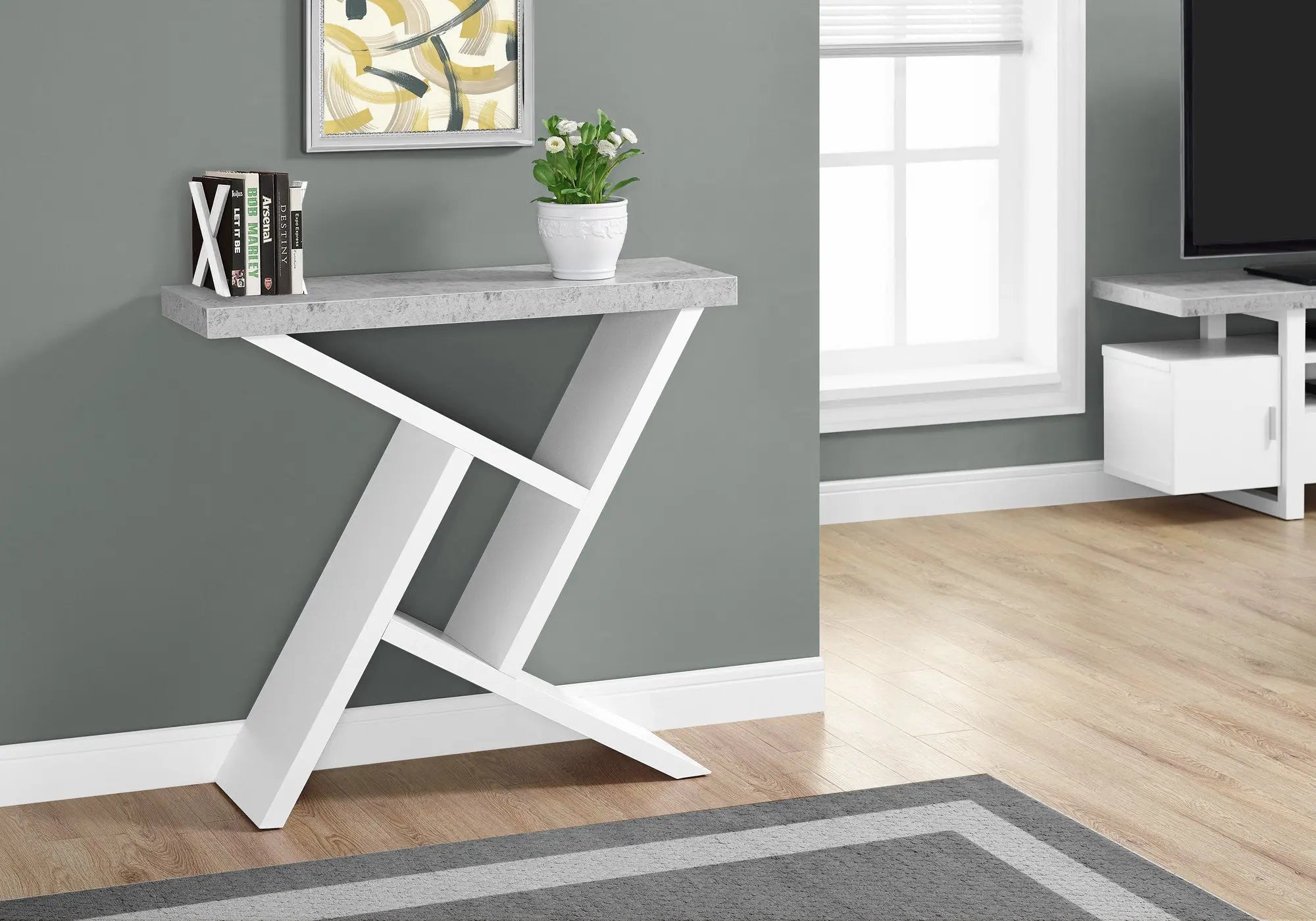 36" Gray and White Abstract Console Table With Shelves Homeroots Living Room