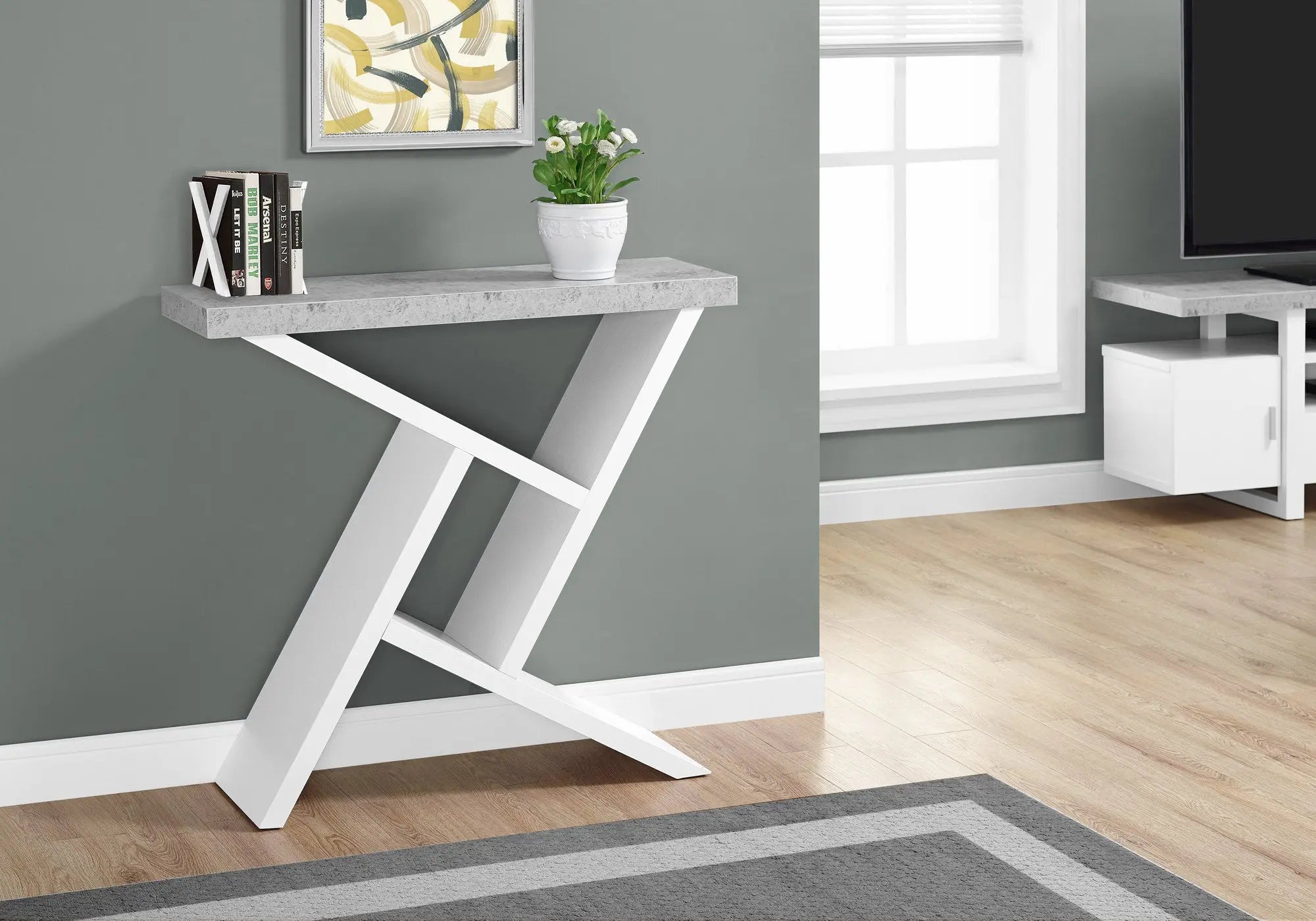 36" Gray and White Abstract Console Table With Shelves Homeroots Living Room