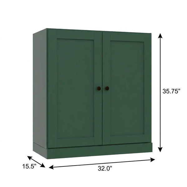 36" Green Solid Wood Adjustable Three Tier Library Bookcase with Two Doors Homeroots Office