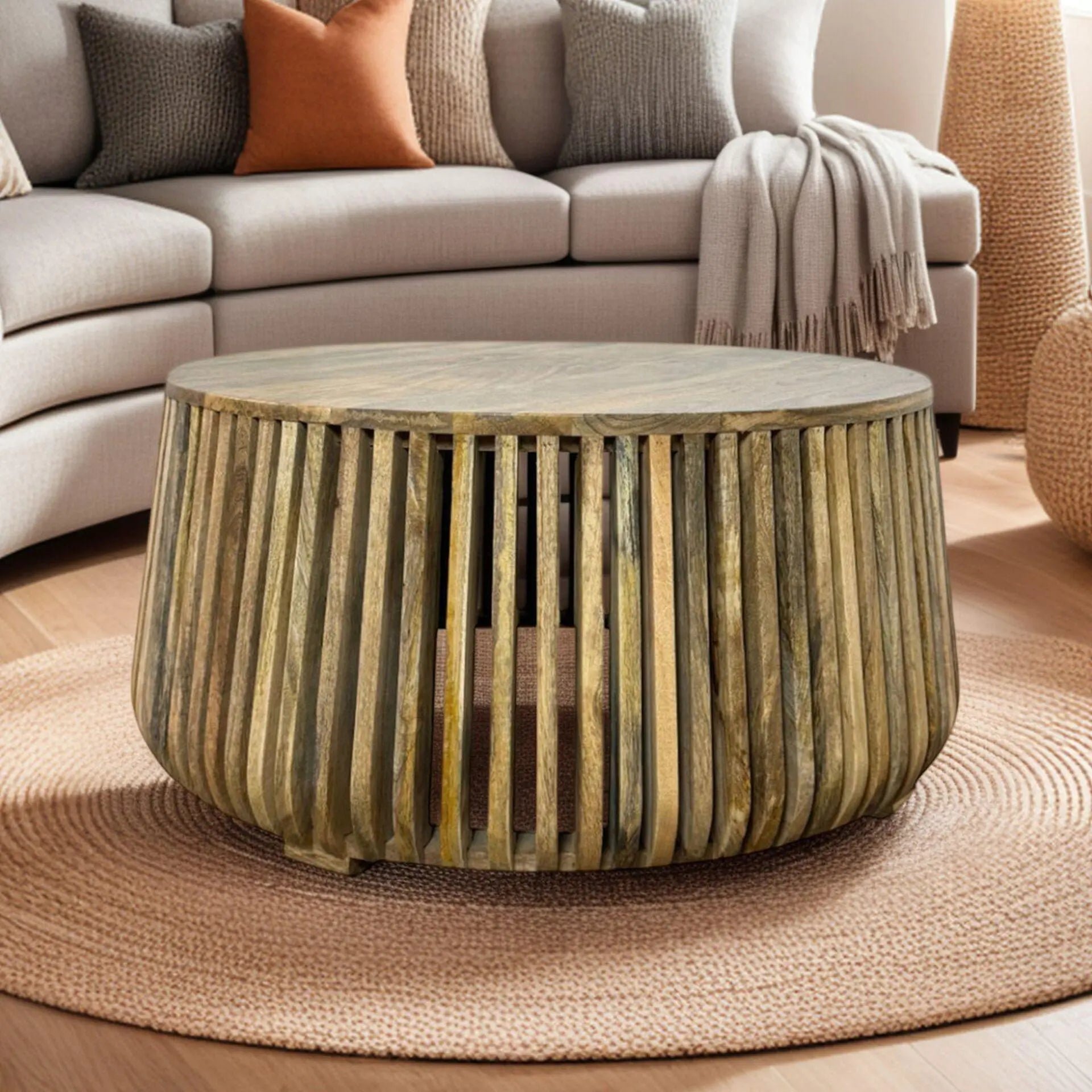 36" Natural Solid Wood Round Solid Drum Coffee Table Homeroots Living Room
