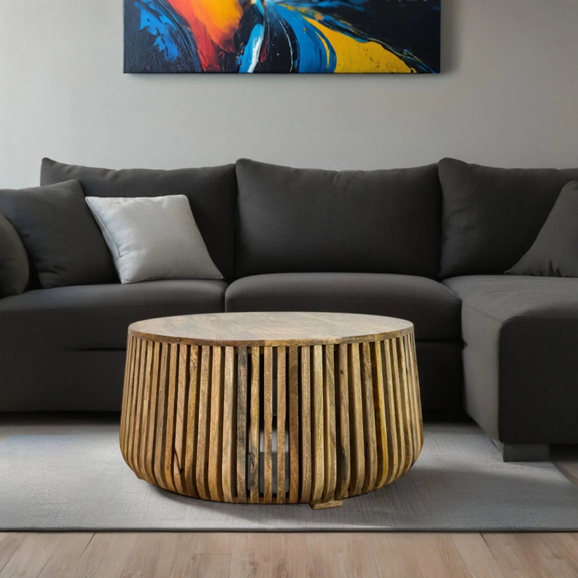 36" Natural Solid Wood Round Solid Drum Coffee Table Homeroots Living Room