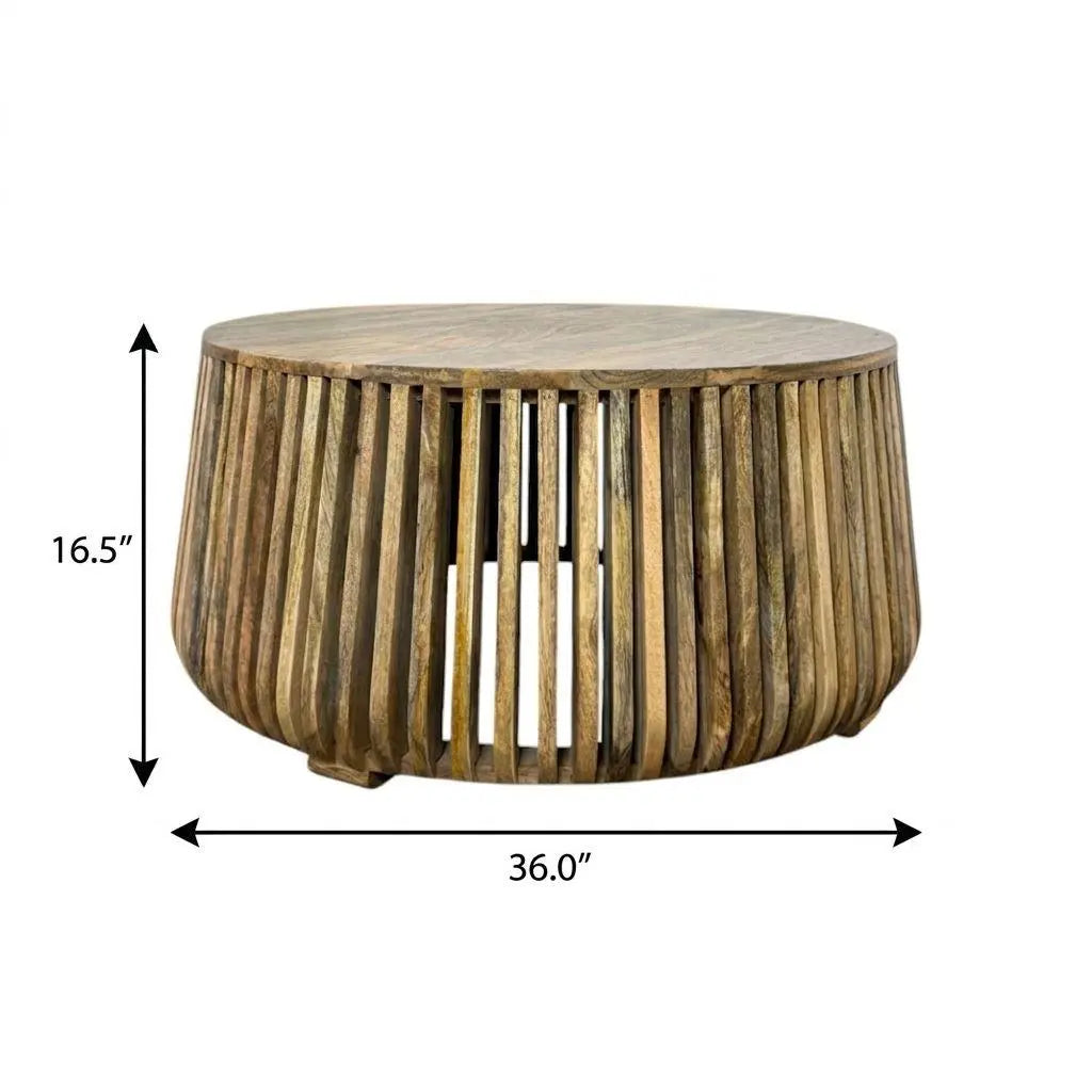 36" Natural Solid Wood Round Solid Drum Coffee Table Homeroots Living Room