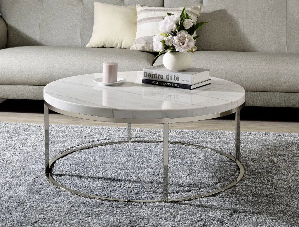 36" Natural and Nickel Genuine Marble and Steel Round Frame Coffee Table Homeroots Living Room