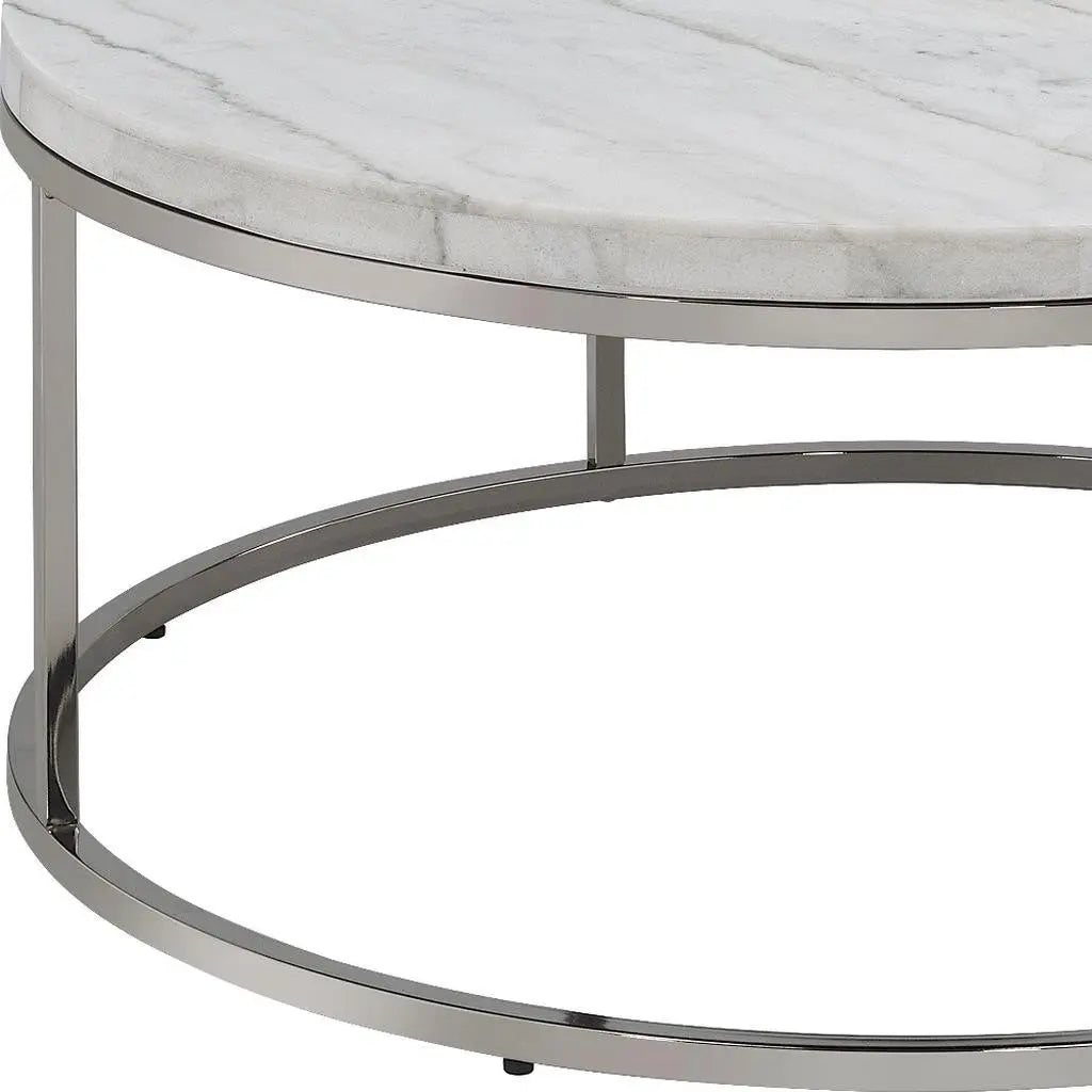36" Natural and Nickel Genuine Marble and Steel Round Frame Coffee Table Homeroots Living Room