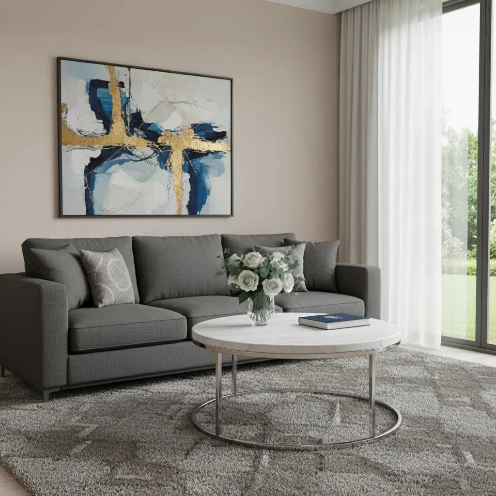 36" Natural and Nickel Genuine Marble and Steel Round Frame Coffee Table Homeroots Living Room