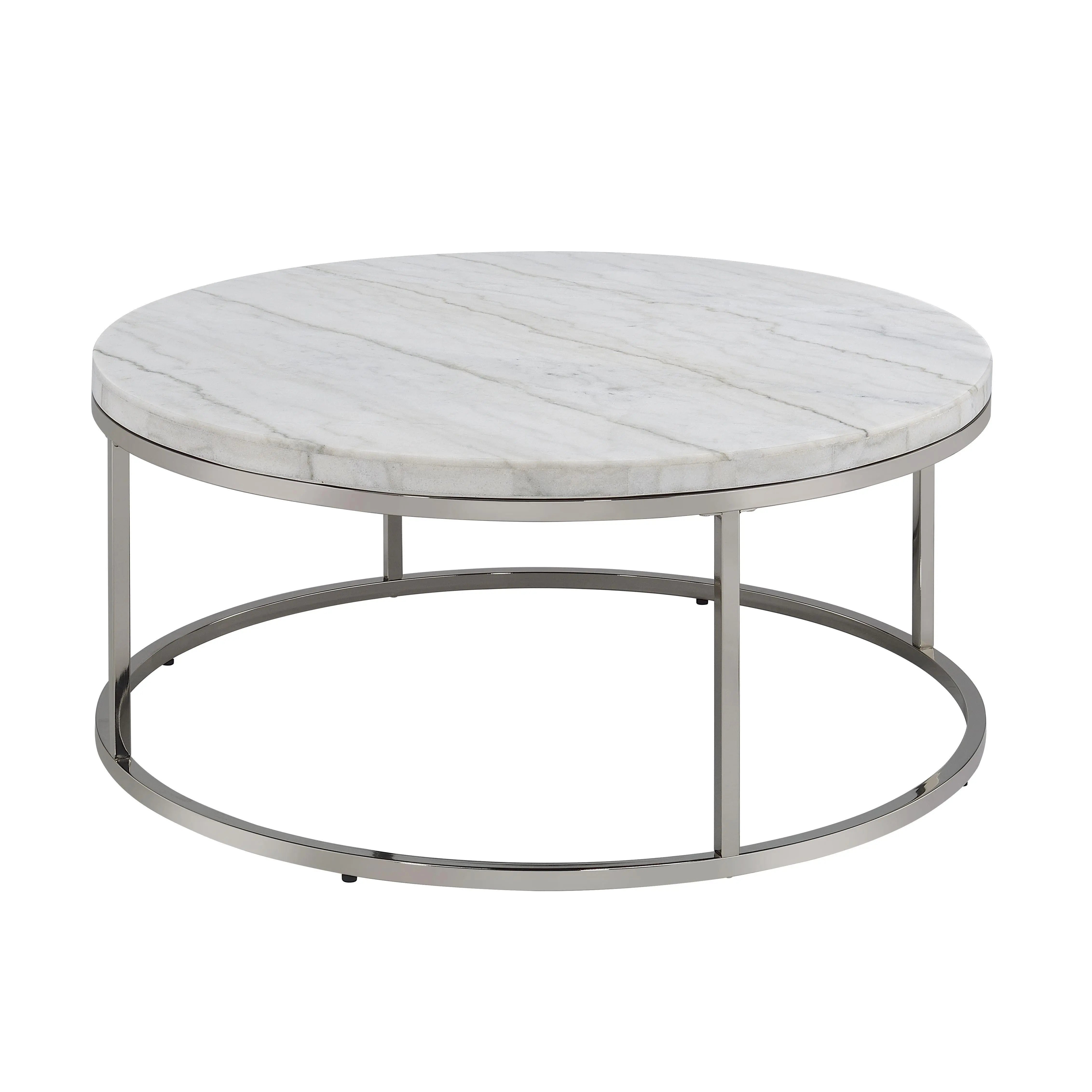 36" Natural and Nickel Genuine Marble and Steel Round Frame Coffee Table Homeroots Living Room