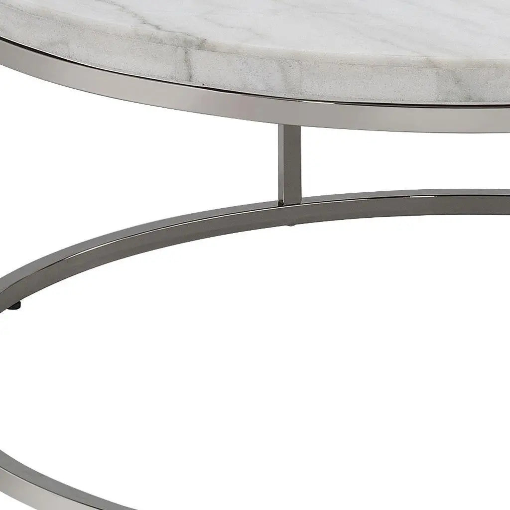 36" Natural and Nickel Genuine Marble and Steel Round Frame Coffee Table Homeroots Living Room