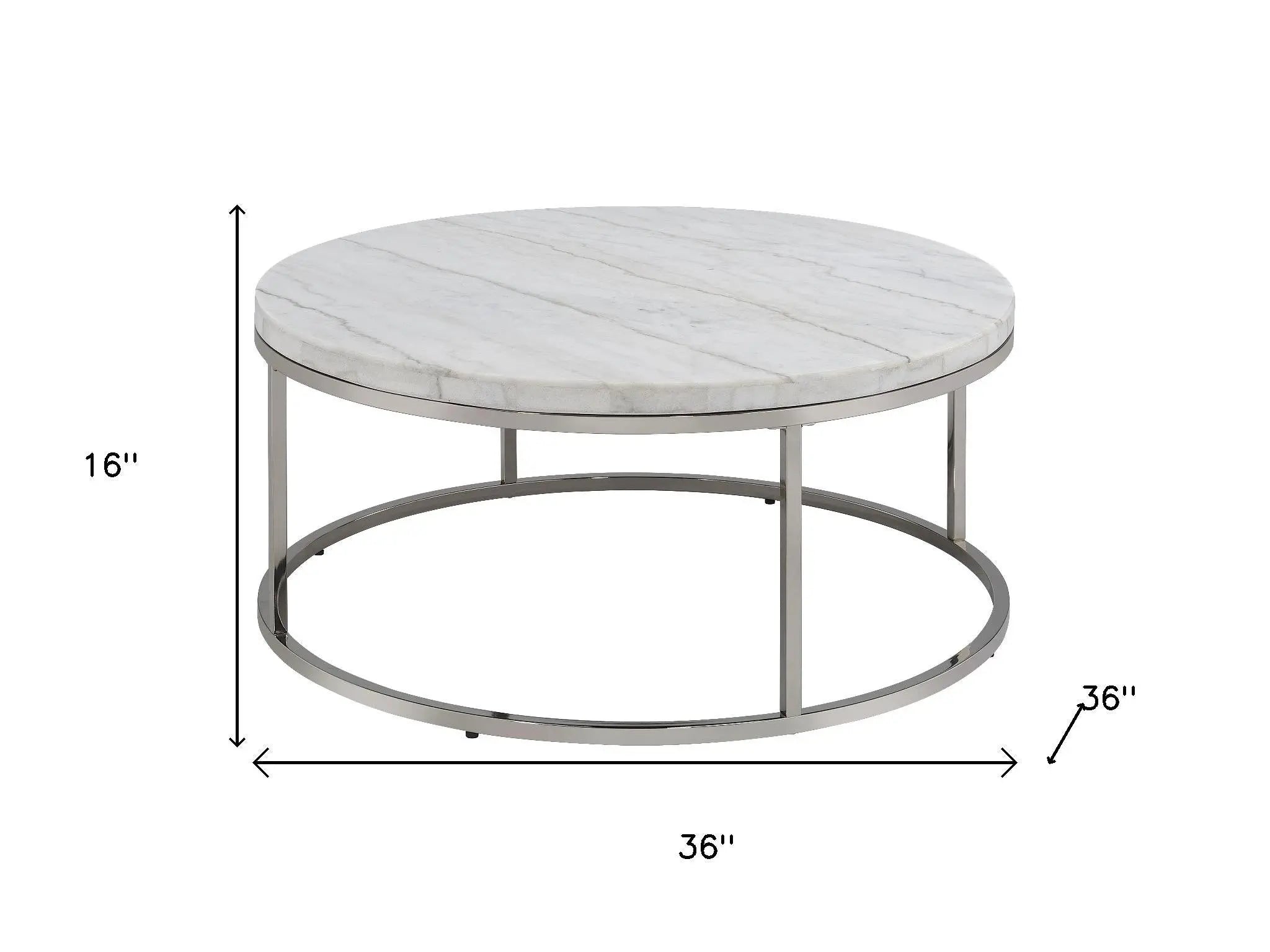 36" Natural and Nickel Genuine Marble and Steel Round Frame Coffee Table Homeroots Living Room