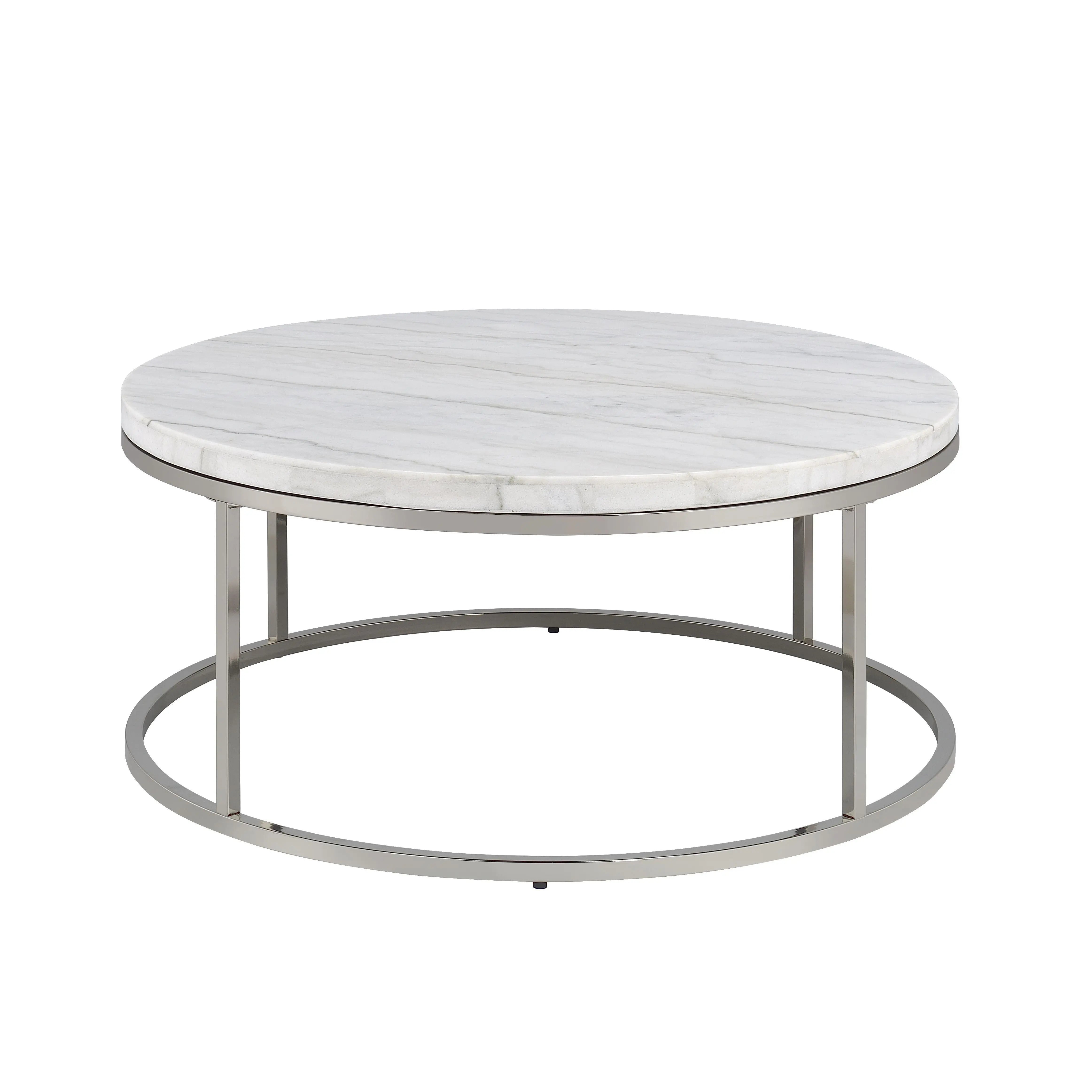 36" Natural and Nickel Genuine Marble and Steel Round Frame Coffee Table Homeroots Living Room