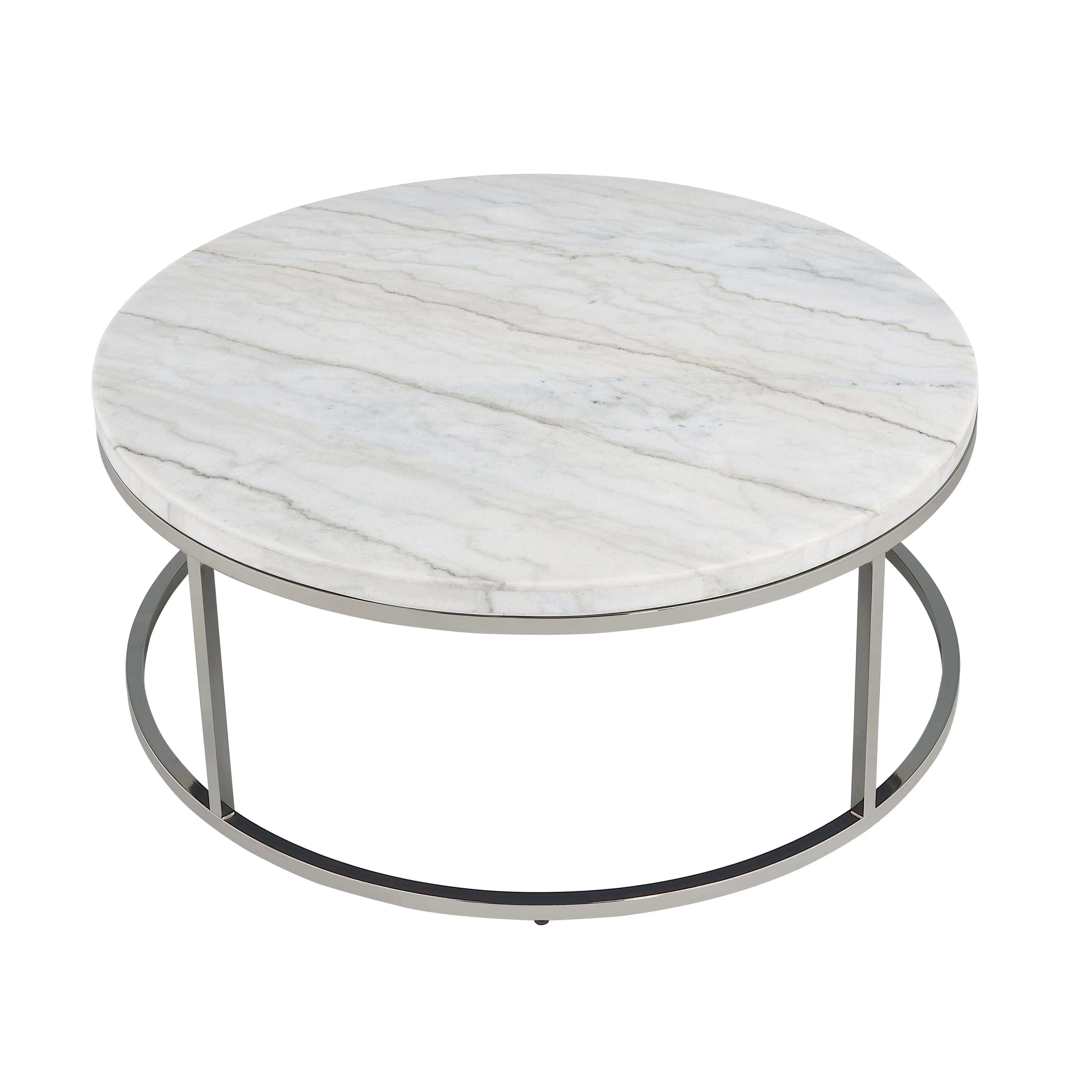36" Natural and Nickel Genuine Marble and Steel Round Frame Coffee Table Homeroots Living Room
