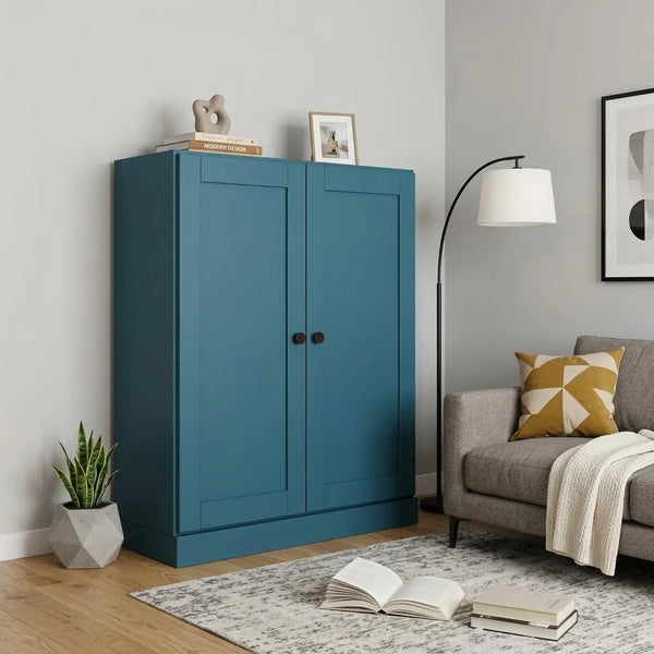 36" Teal Blue Solid Wood Adjustable Three Tier Library Bookcase with Two Doors Homeroots Office