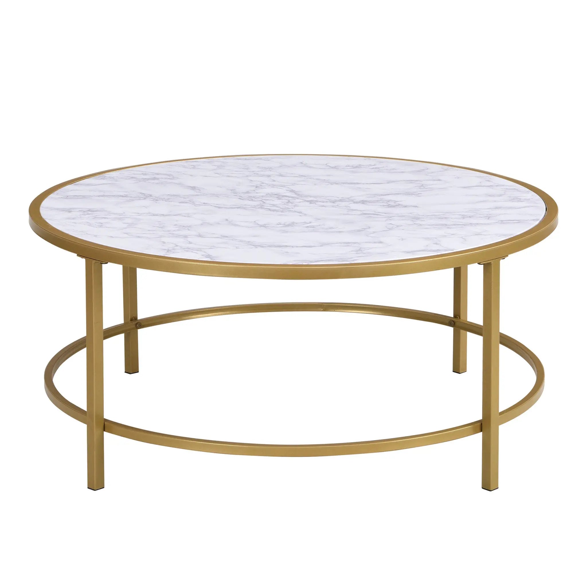 36" White And Gold Faux Marble And Metal Round Coffee Table Homeroots Living Room