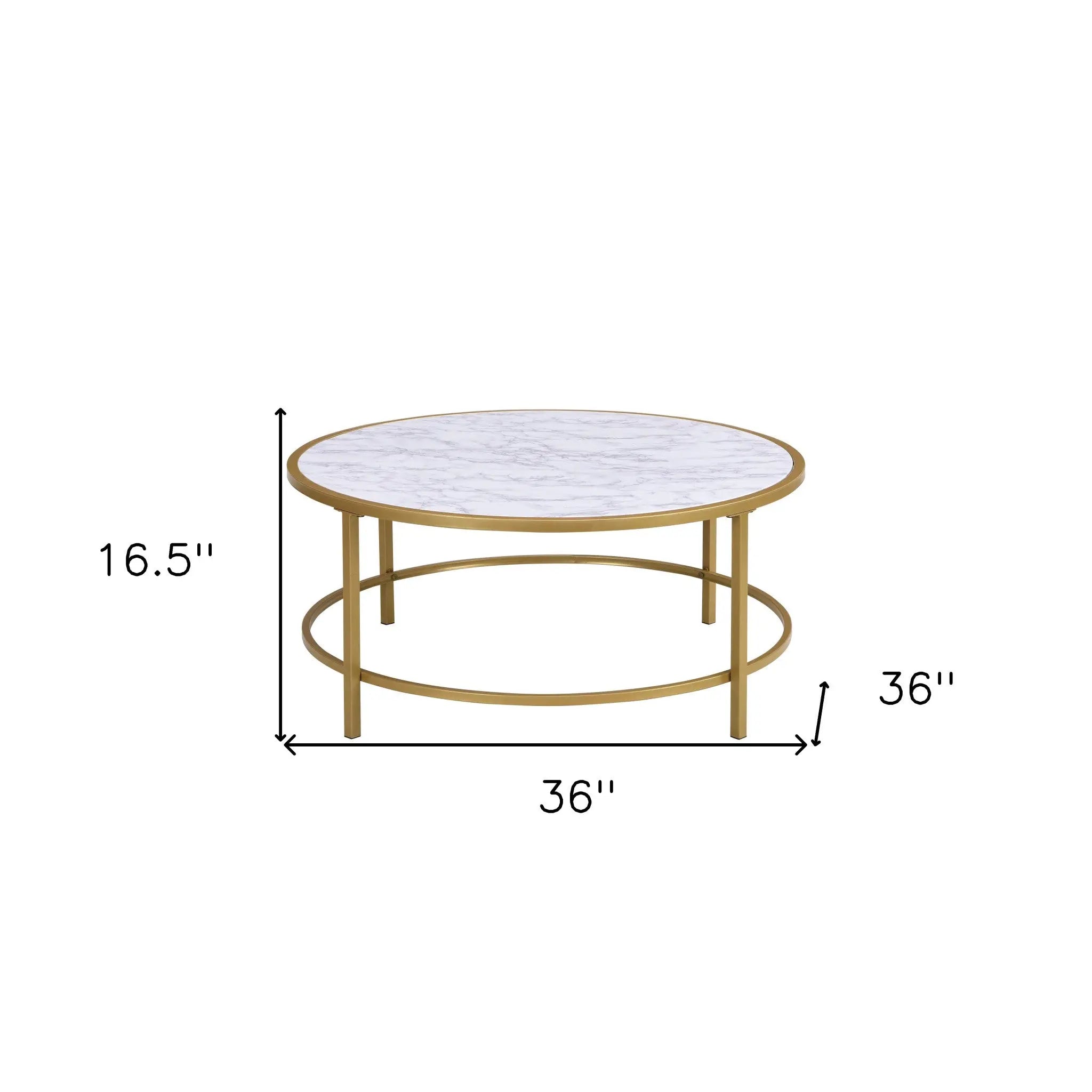 36" White And Gold Faux Marble And Metal Round Coffee Table Homeroots Living Room