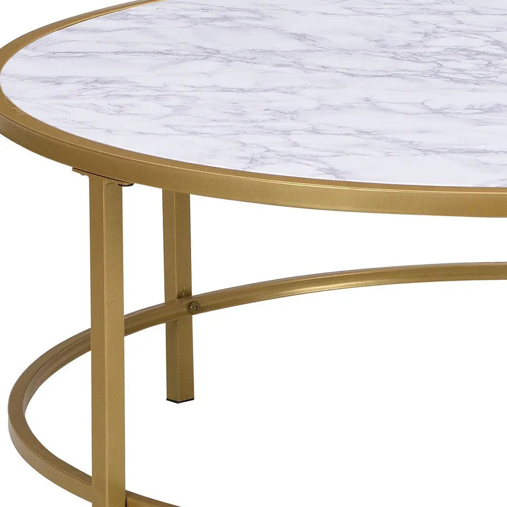 36" White And Gold Faux Marble And Metal Round Coffee Table Homeroots Living Room