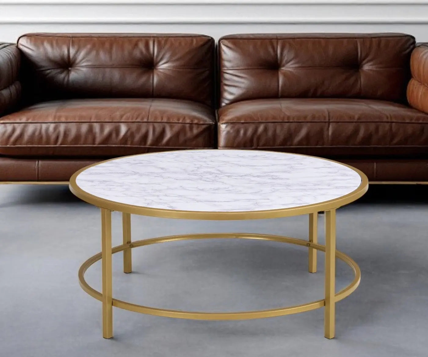 36" White And Gold Faux Marble And Metal Round Coffee Table Homeroots Living Room