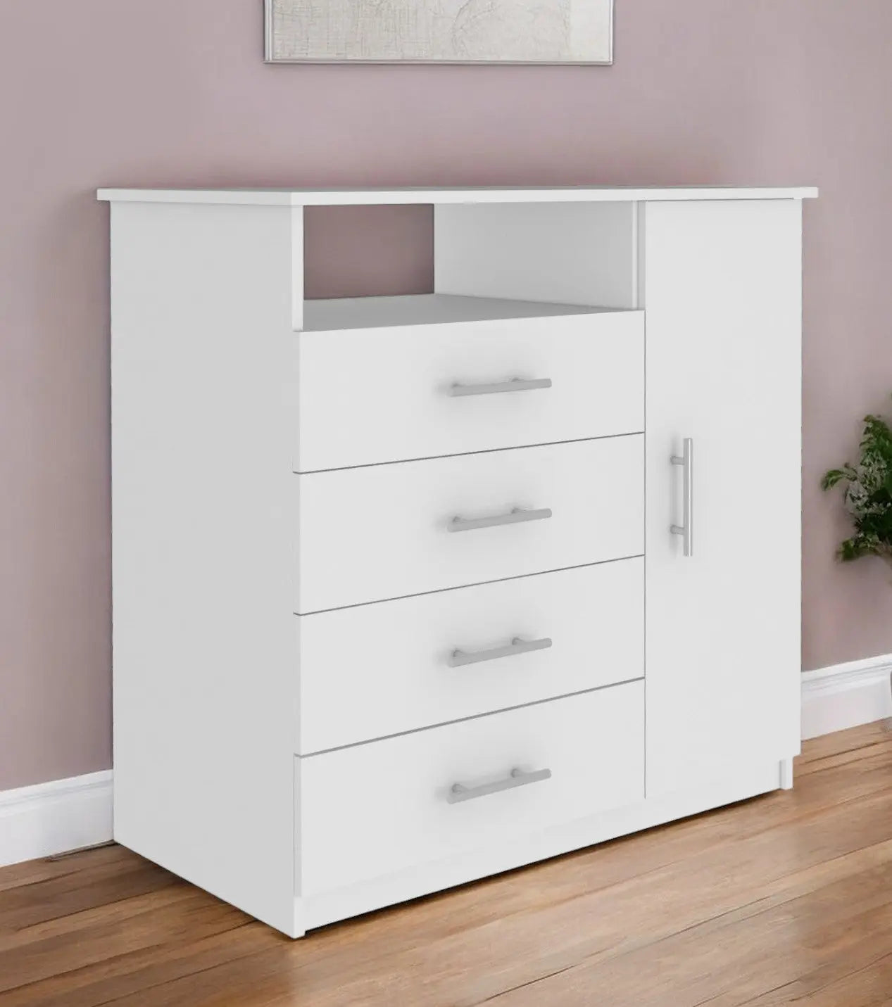 36" White Four Drawer Combo Dresser With Open Shelf Homeroots Bed & Bath