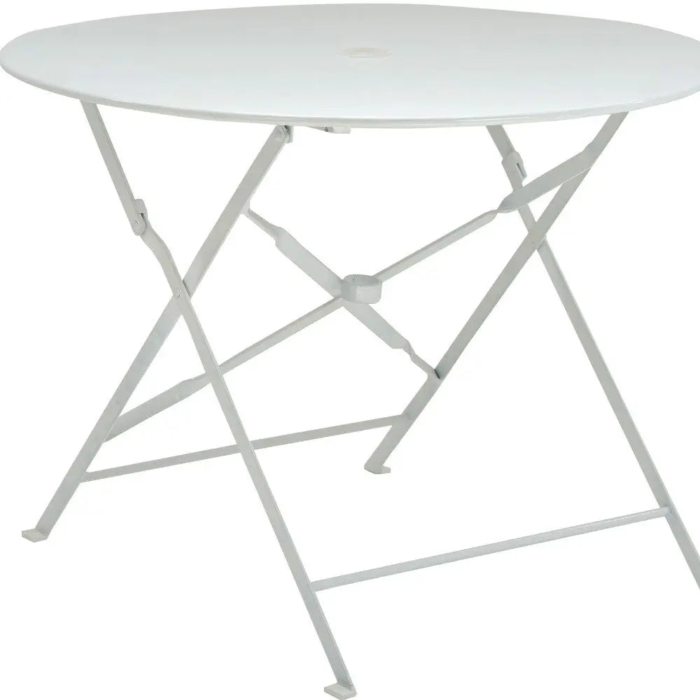 36" White Rounded Aluminum Folding Outdoor Dining Table with Umbrella Hole Homeroots Outdoor