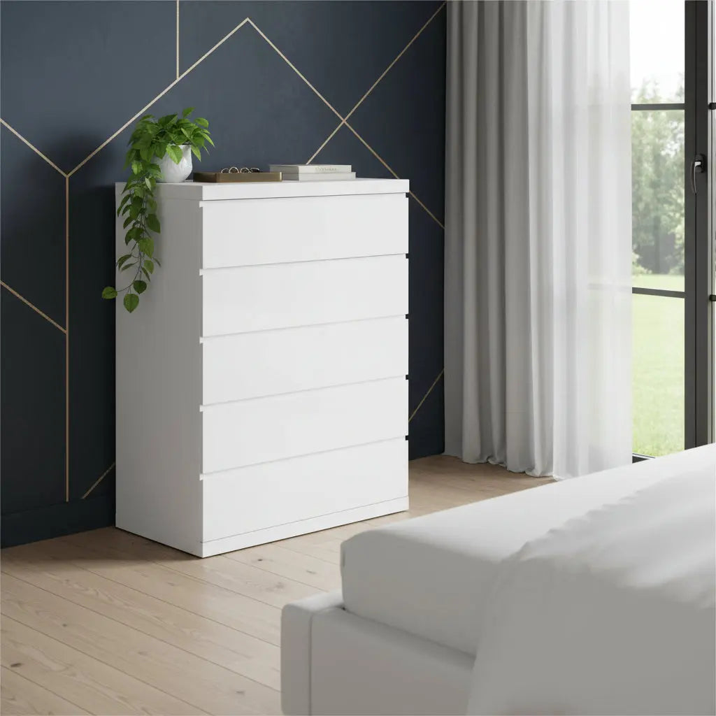 36" White Wood Five Drawer Dresser Homeroots Bed & Bath