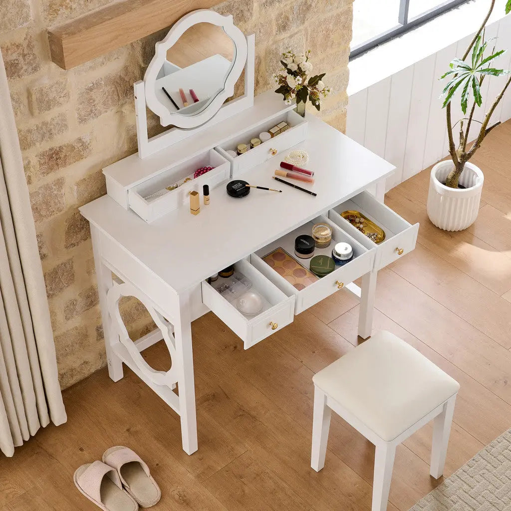 36" White Wood Mirrored Five Drawer Vanity Table Homeroots Living Room