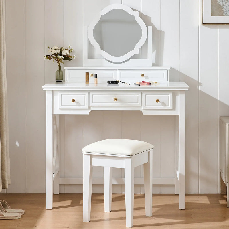 36" White Wood Mirrored Five Drawer Vanity Table Homeroots Living Room