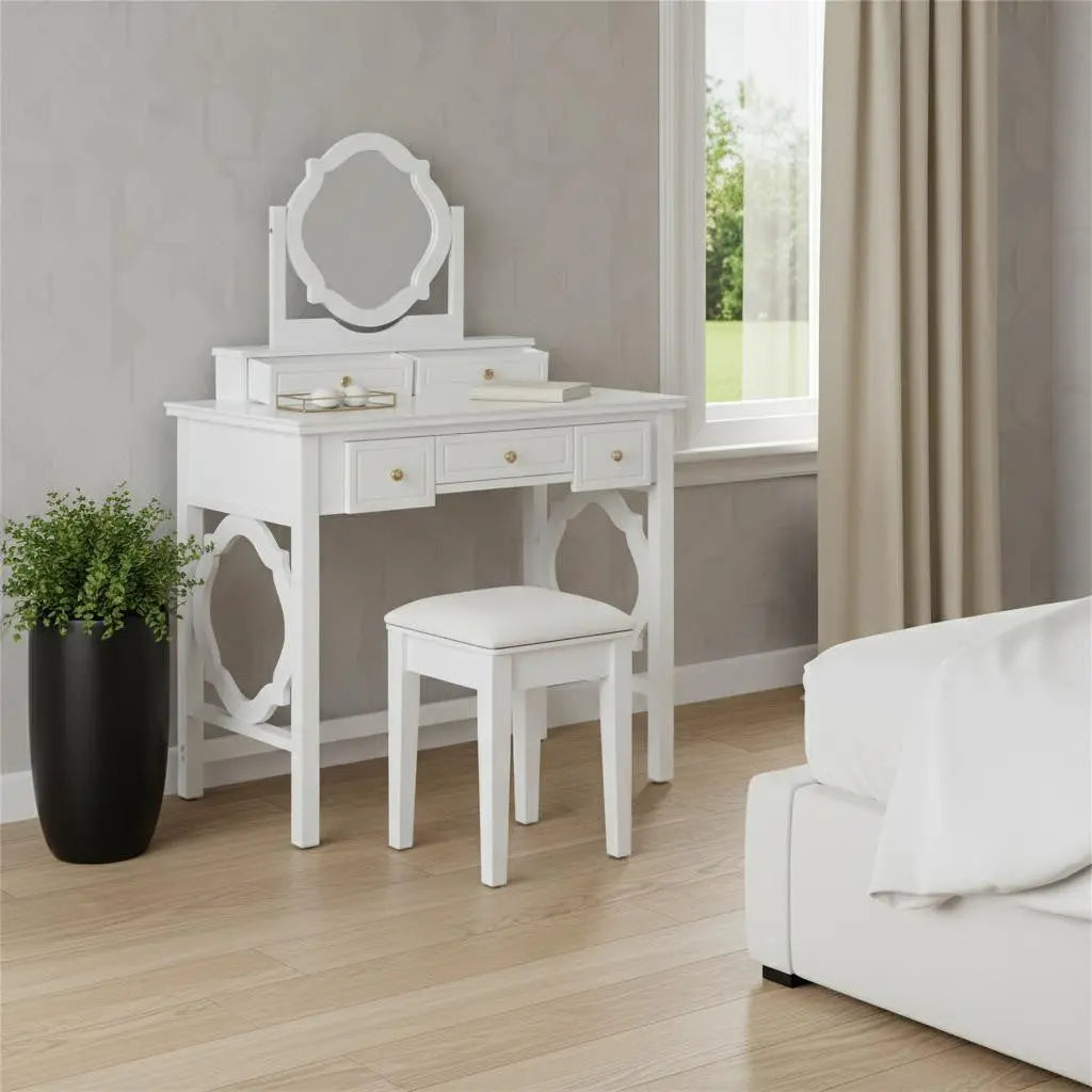 36" White Wood Mirrored Five Drawer Vanity Table Homeroots Living Room