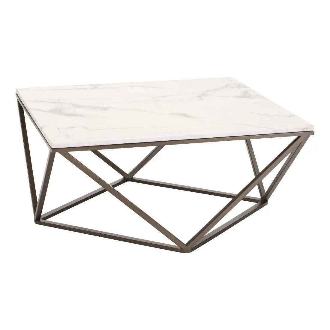 36" White and Antiqued Brass Faux Marble And Steel Square Abstract Coffee Table Homeroots Living Room