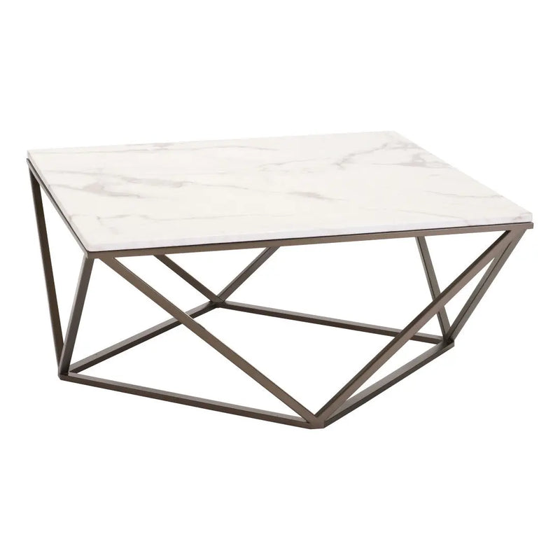36" White and Antiqued Brass Faux Marble And Steel Square Abstract Coffee Table Homeroots Living Room