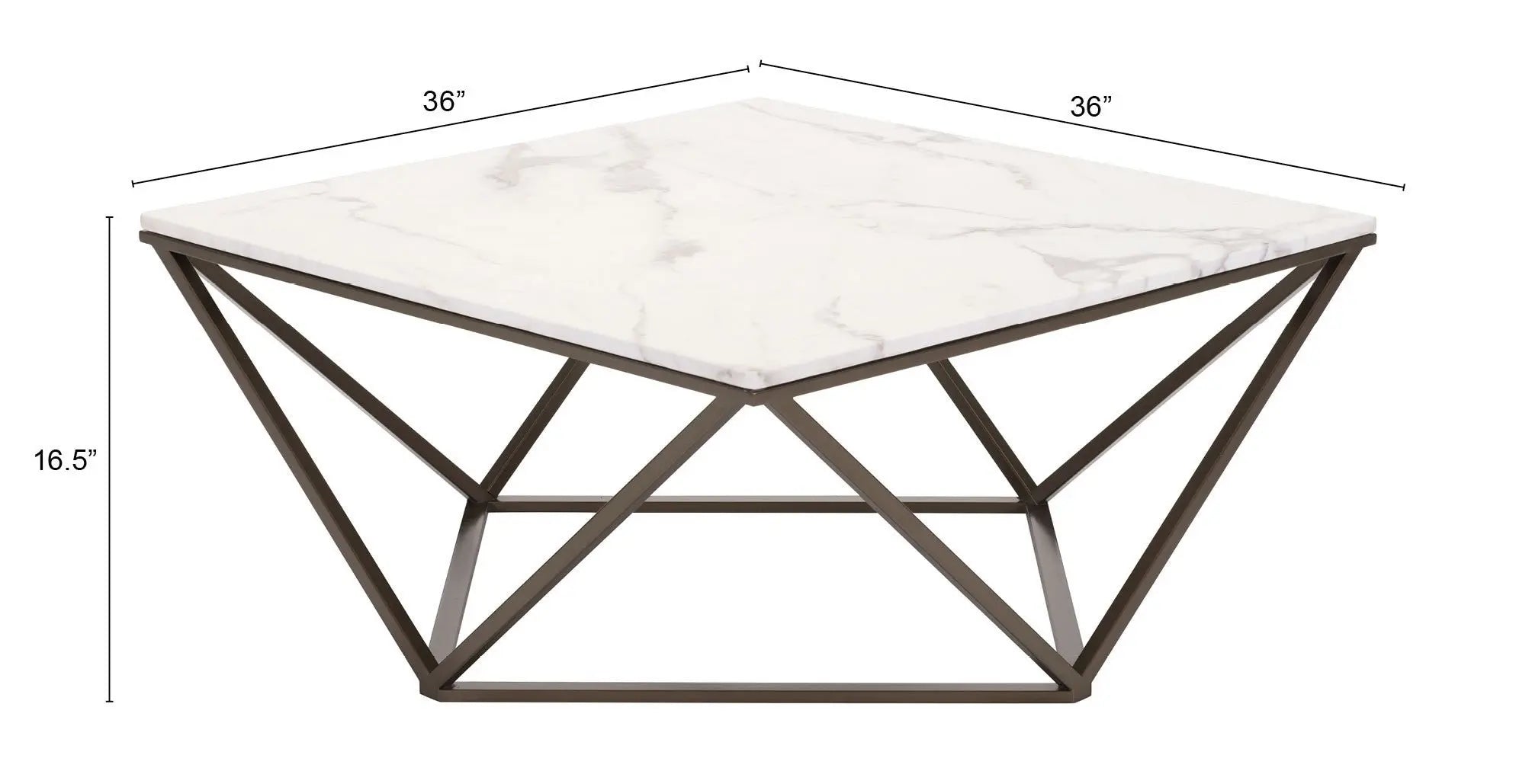 36" White and Antiqued Brass Faux Marble And Steel Square Abstract Coffee Table Homeroots Living Room