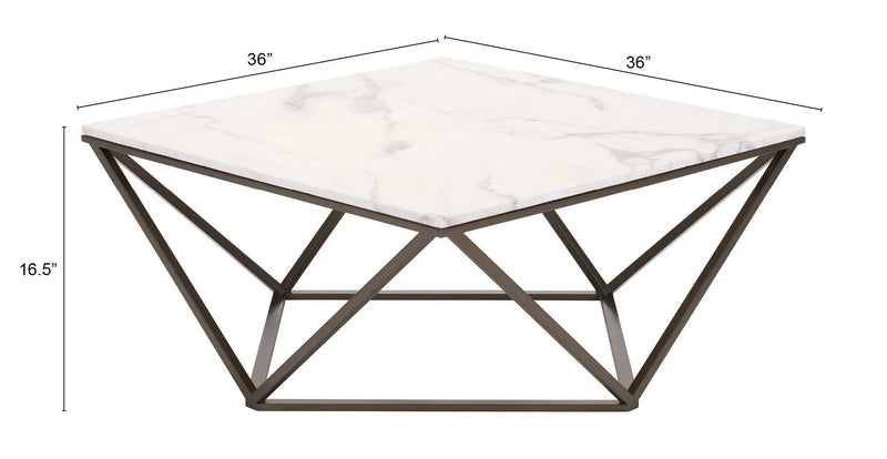 36" White and Antiqued Brass Faux Marble And Steel Square Abstract Coffee Table Homeroots Living Room