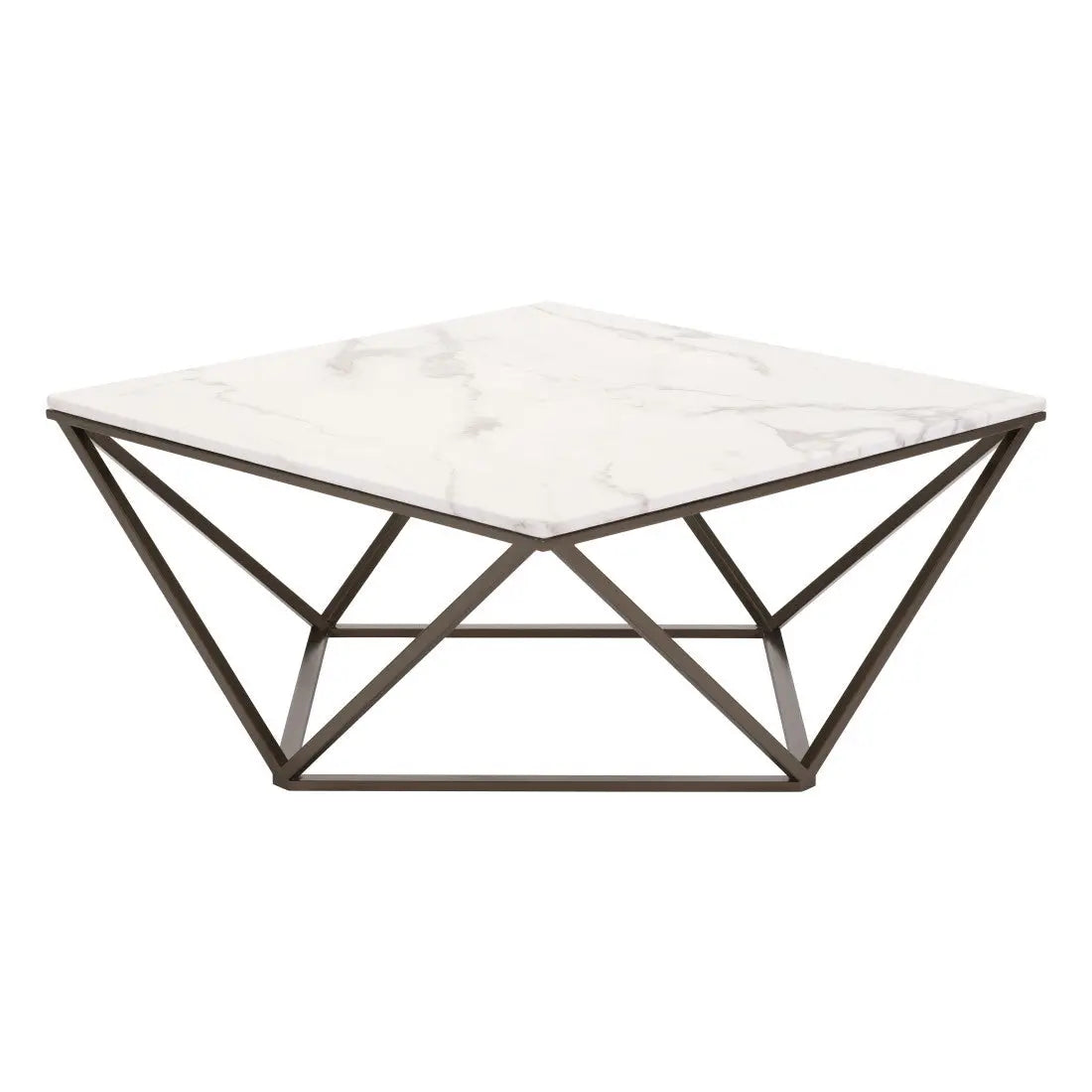 36" White and Antiqued Brass Faux Marble And Steel Square Abstract Coffee Table Homeroots Living Room