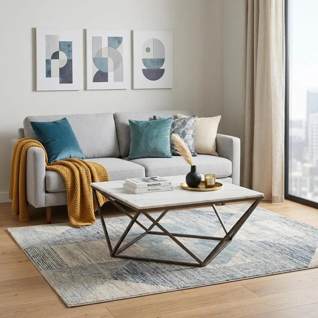 36" White and Antiqued Brass Faux Marble And Steel Square Abstract Coffee Table Homeroots Living Room