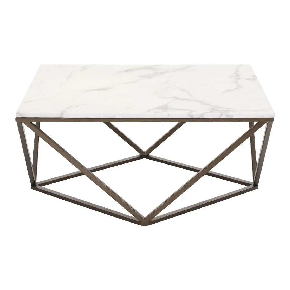36" White and Antiqued Brass Faux Marble And Steel Square Abstract Coffee Table Homeroots Living Room