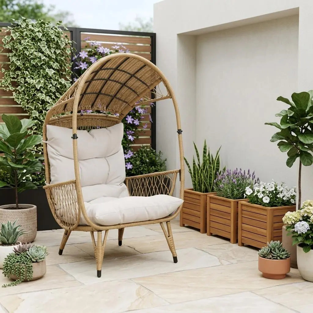 37" Beige Metal Outdoor Egg Chair with Beige Cushion Homeroots Outdoor