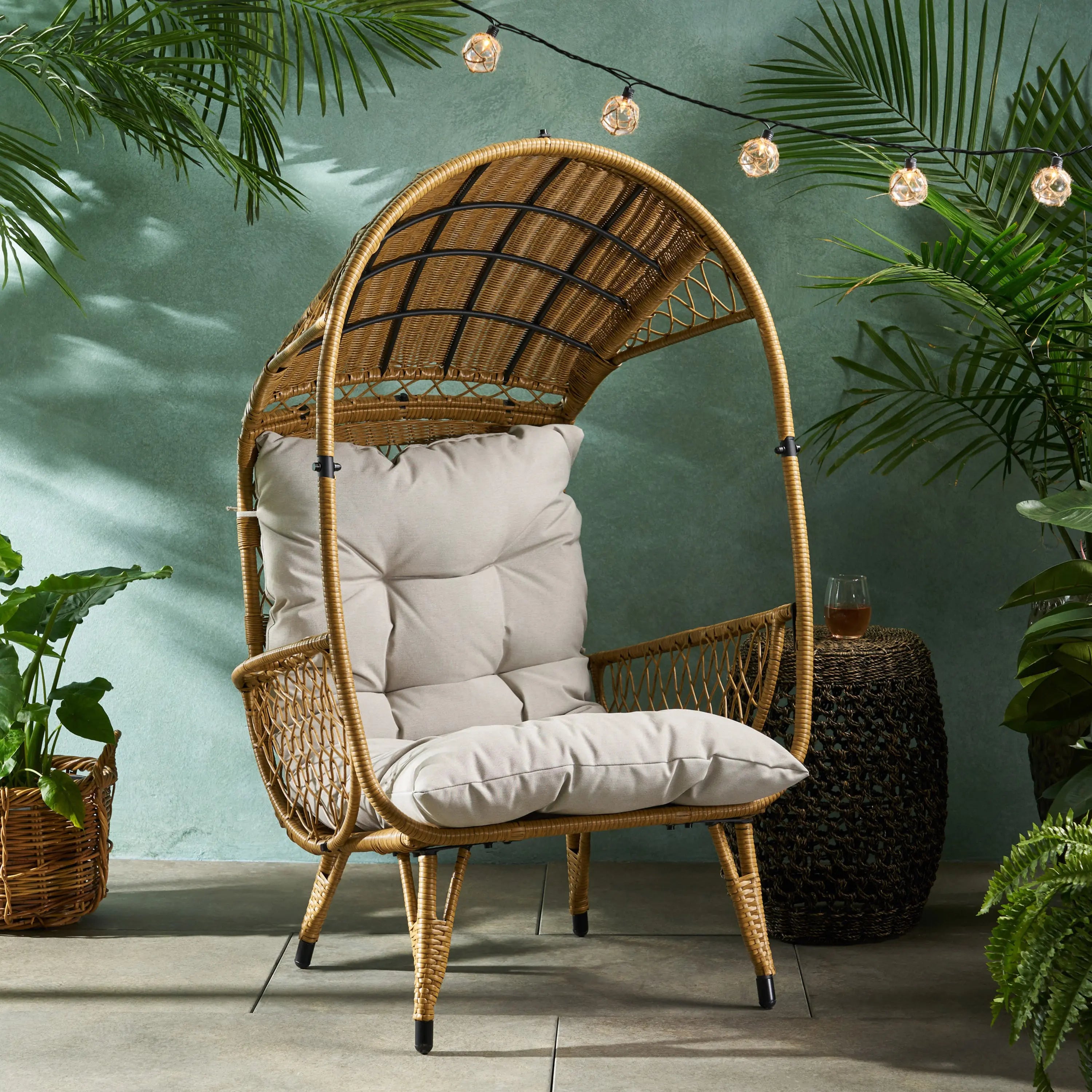 37" Beige Metal Outdoor Egg Chair with Beige Cushion Homeroots Outdoor