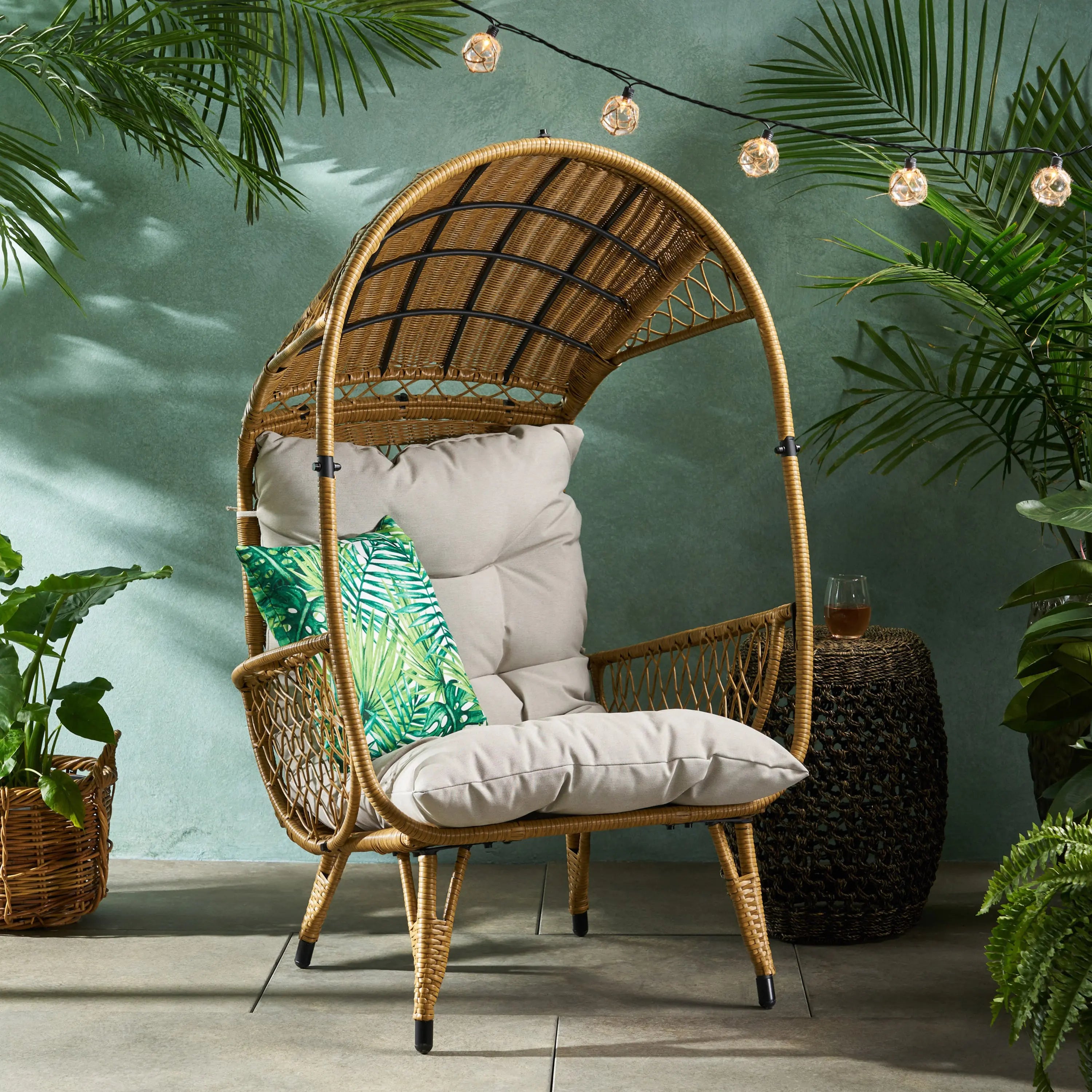 37" Beige Metal Outdoor Egg Chair with Beige Cushion Homeroots Outdoor