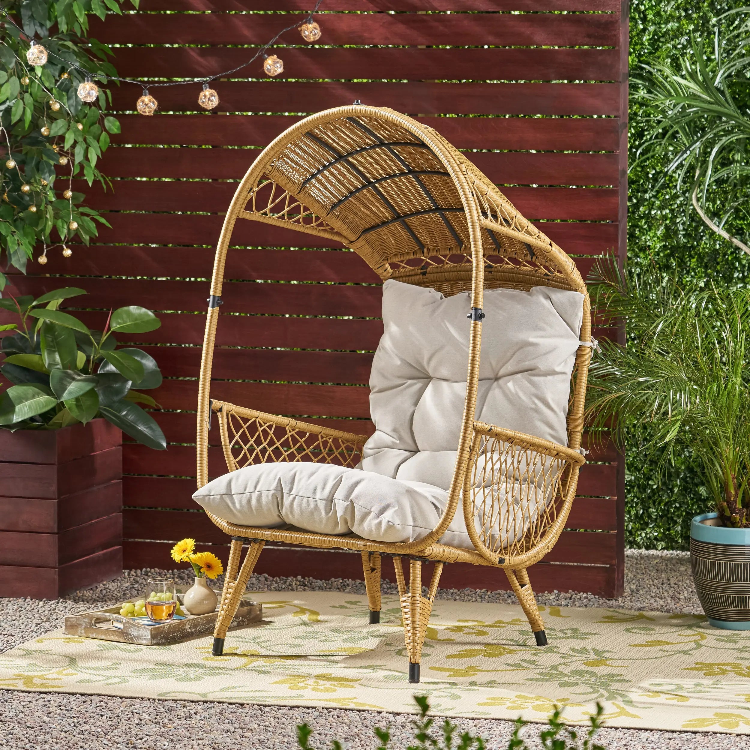 37" Beige Metal Outdoor Egg Chair with Beige Cushion Homeroots Outdoor