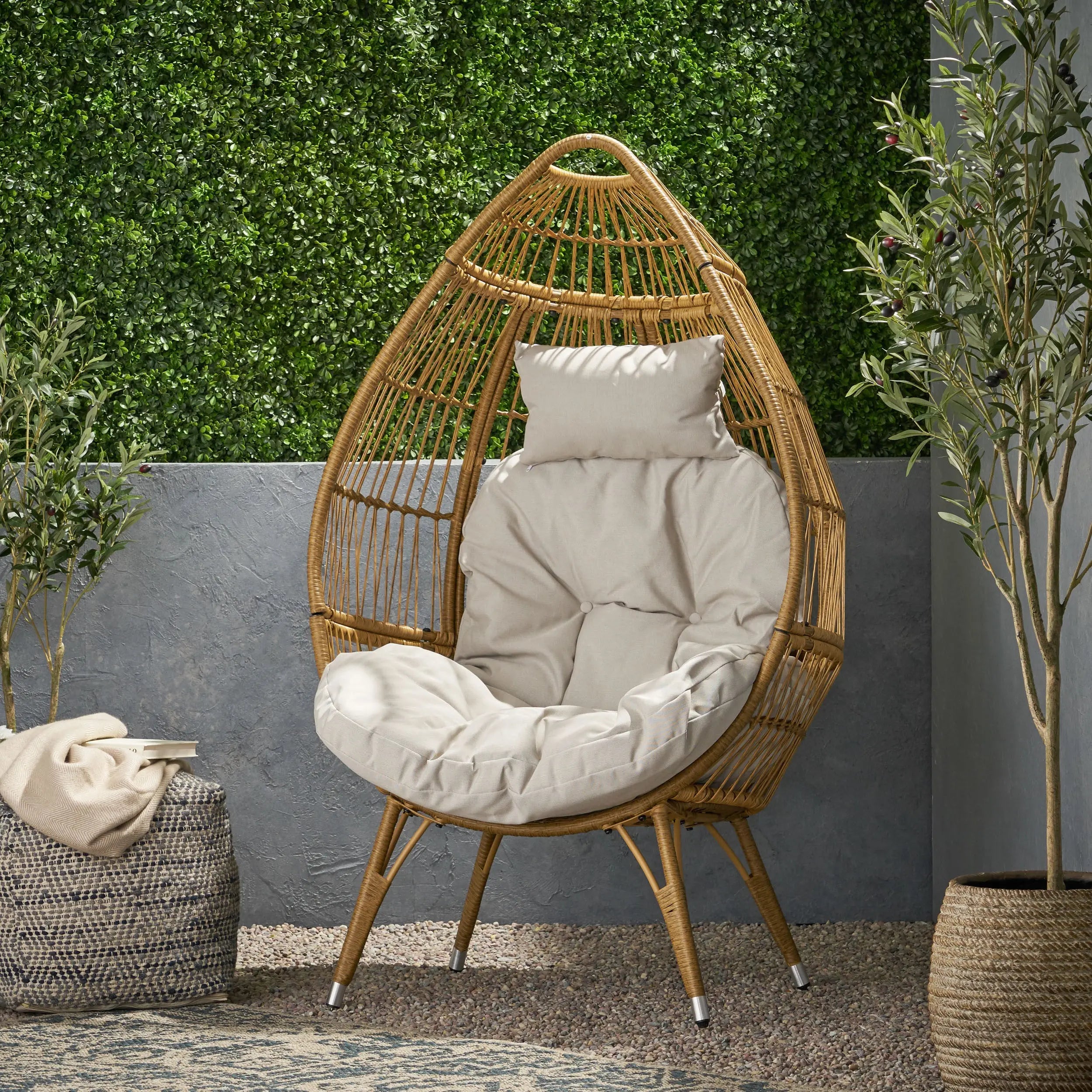 37" Beige Metal Outdoor Egg Chair with Beige Cushion Homeroots Outdoor