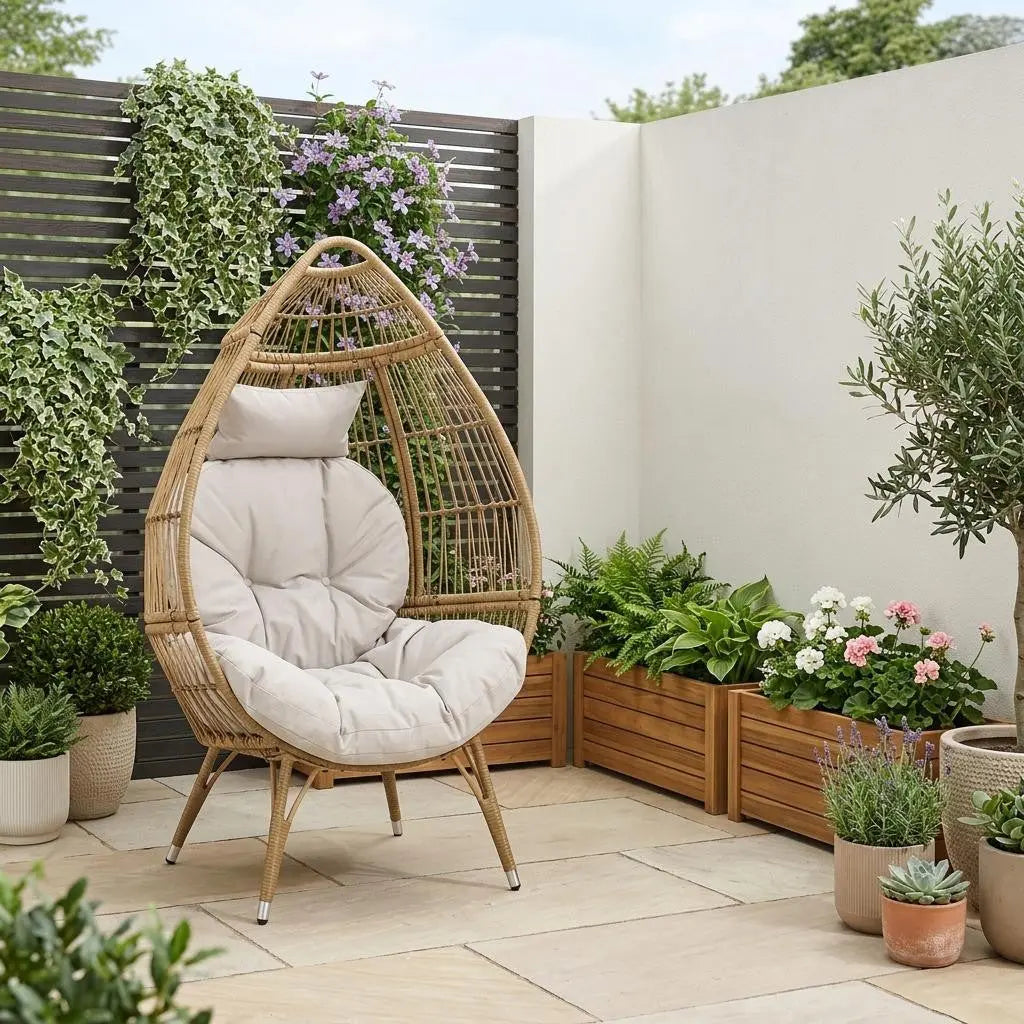 37" Beige Metal Outdoor Egg Chair with Beige Cushion Homeroots Outdoor