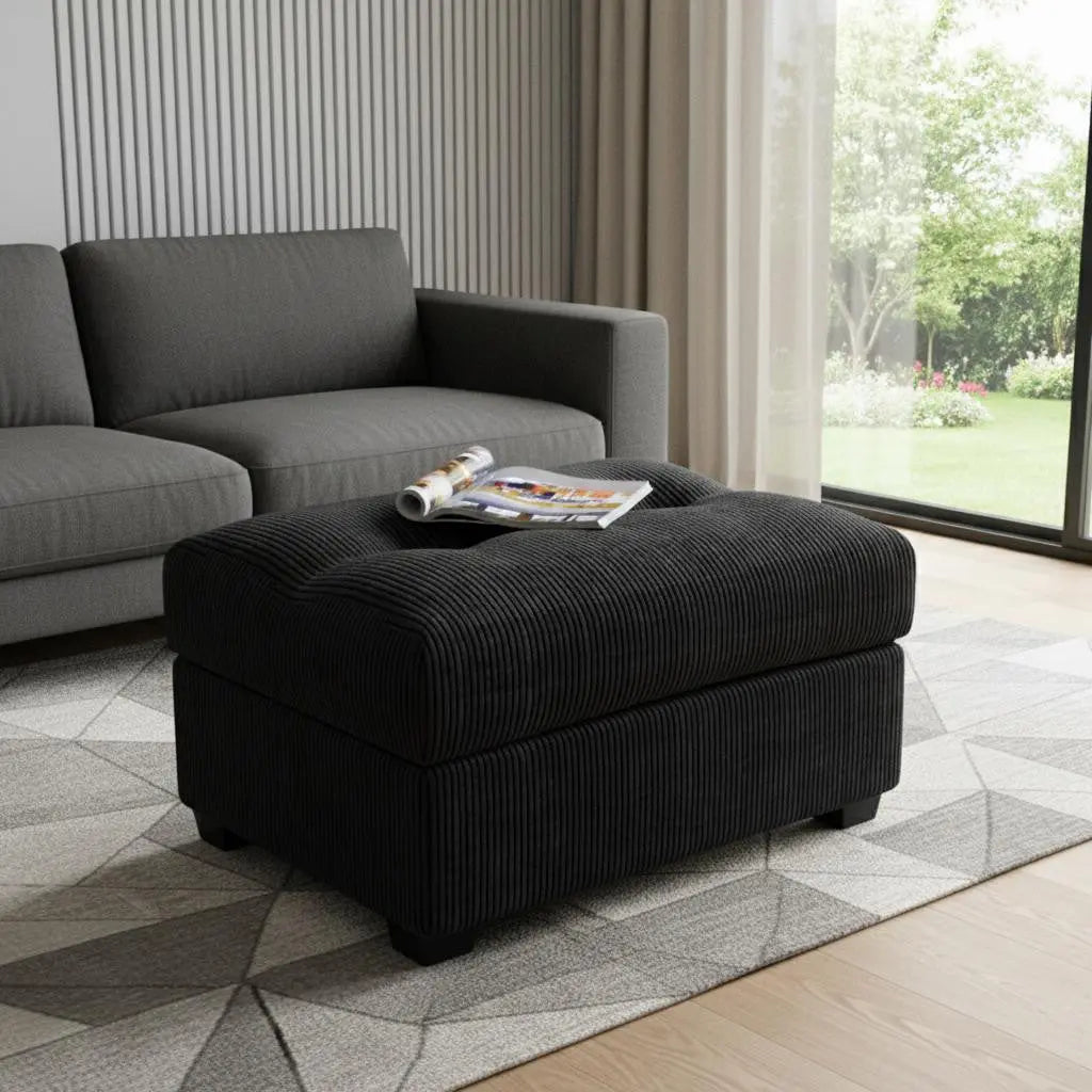 37" Black Corduroy Tufted Footstool Homeroots Living Room