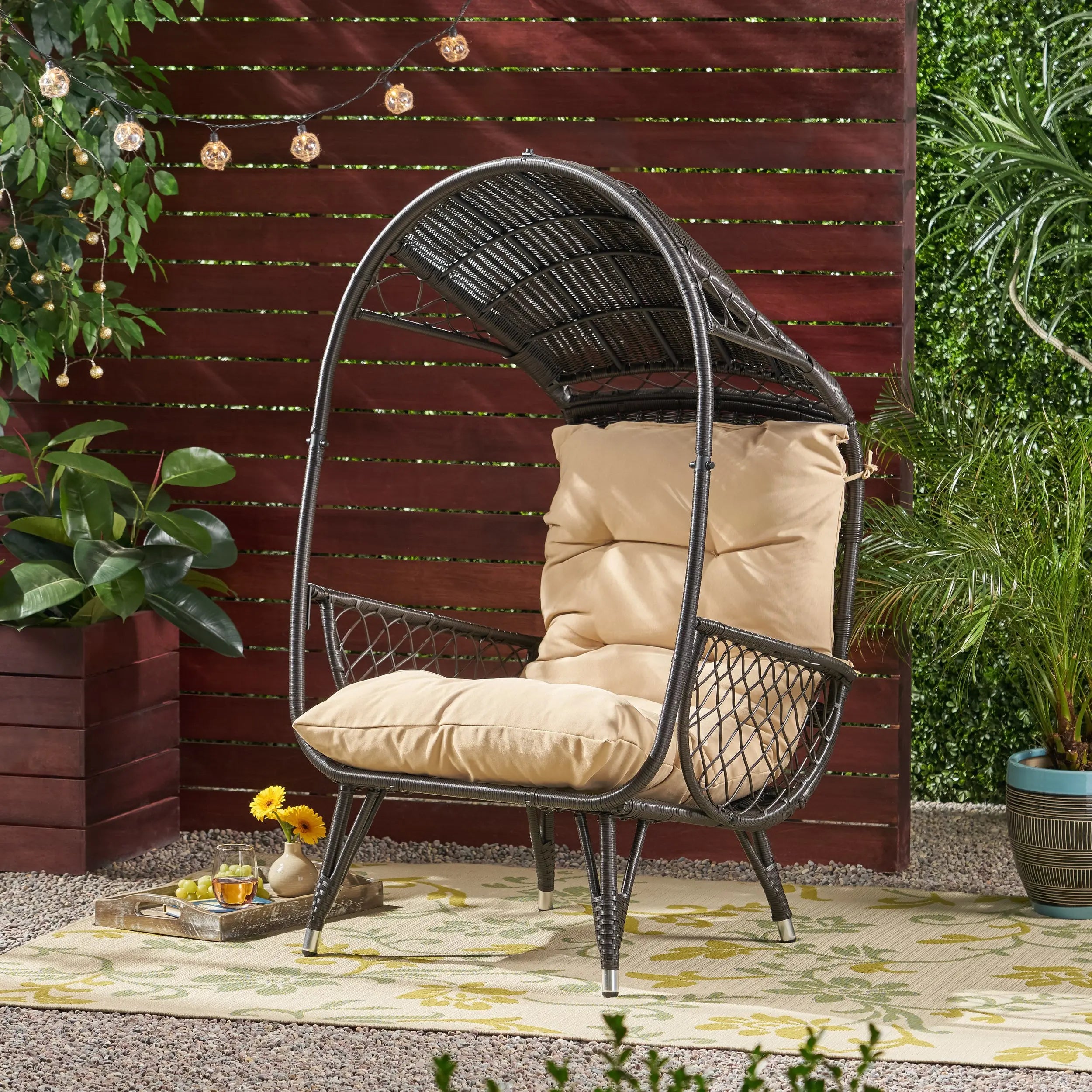37" Brown Metal Outdoor Egg Chair with Brown Cushion Homeroots Outdoor